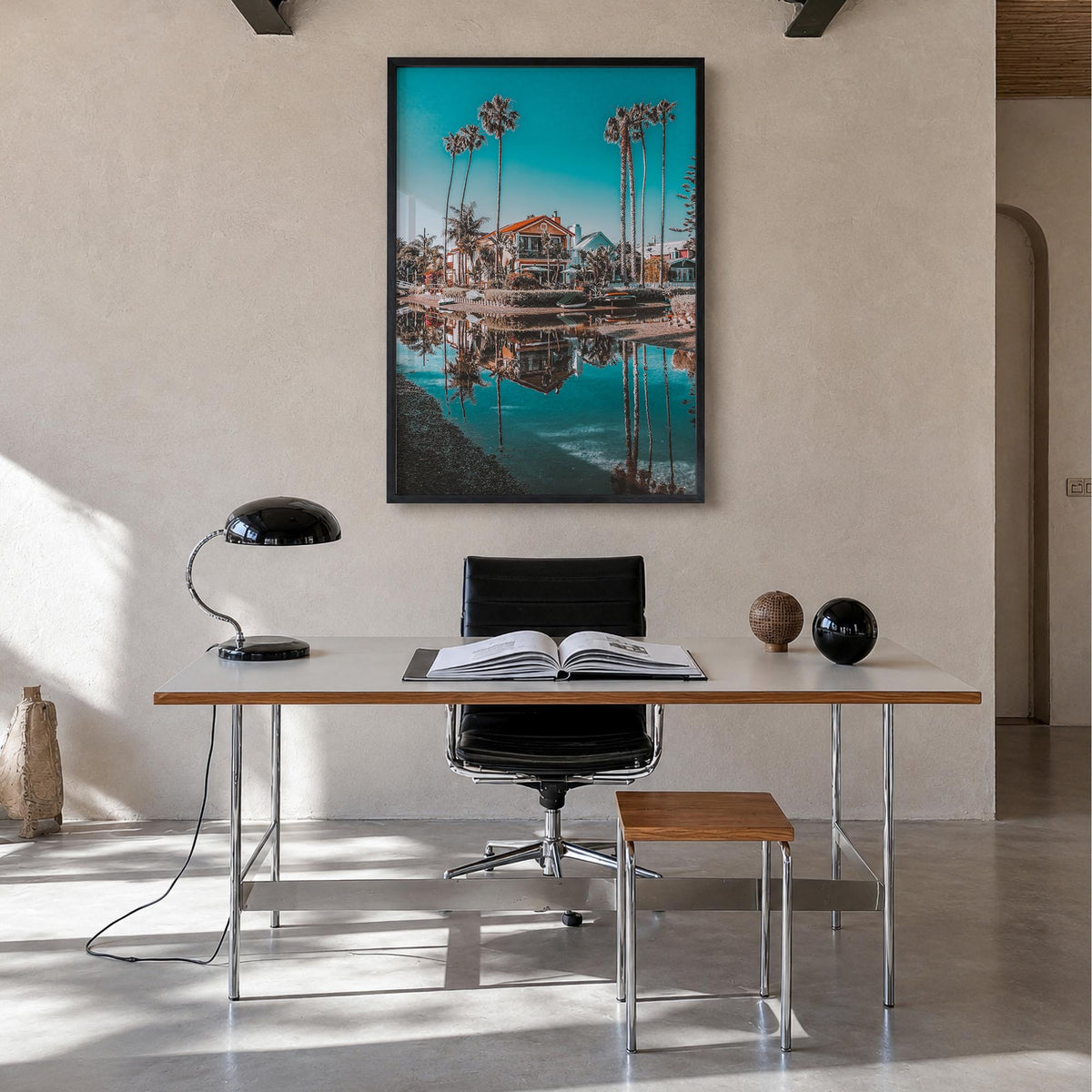 Venice Beach no. 4 colorful photo poster of Los Angeles, California – vertical wall art in black wood frame, hanging on wall