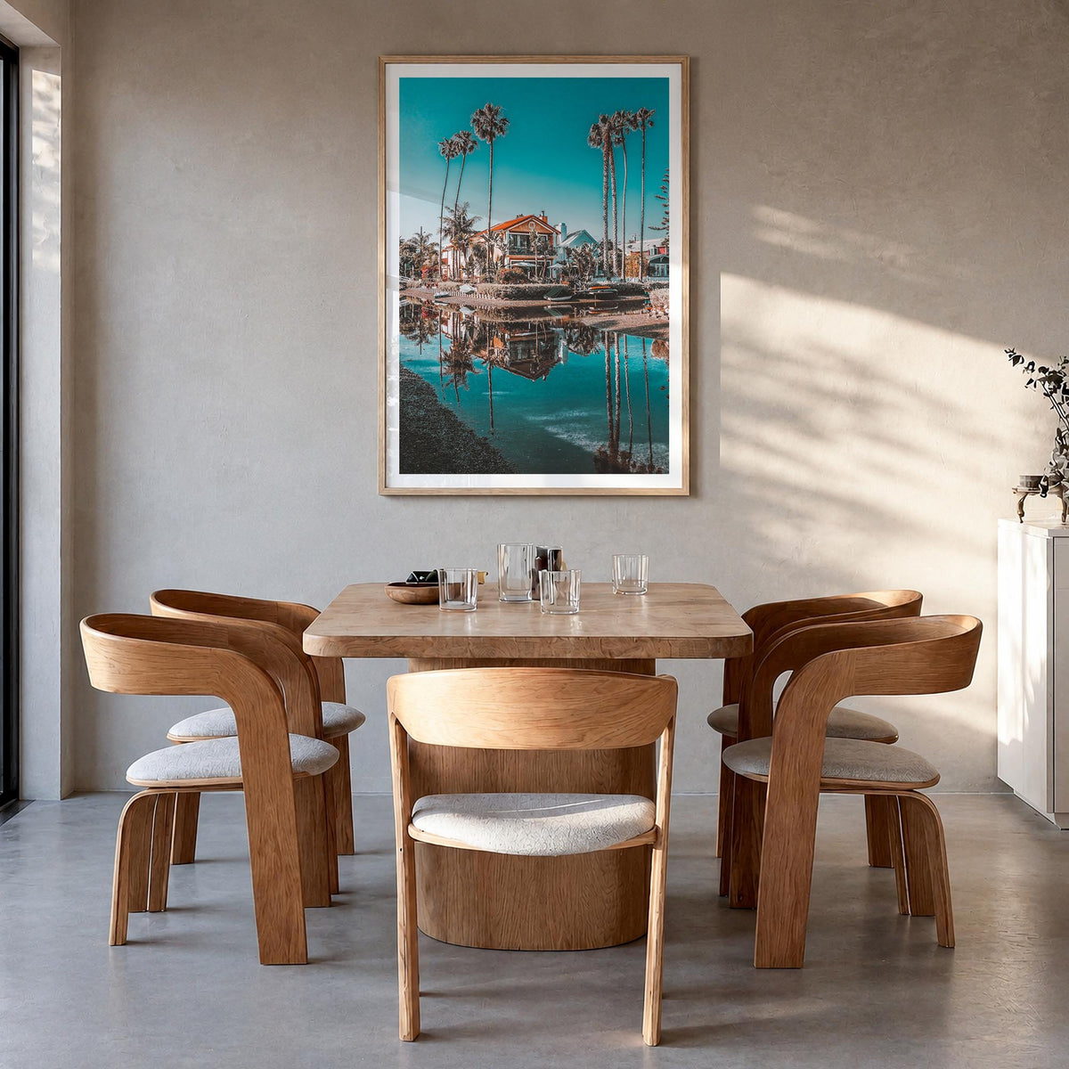 Venice Beach no. 4 colorful photo poster of Los Angeles, California – vertical wall art in natural wood frame with white bord