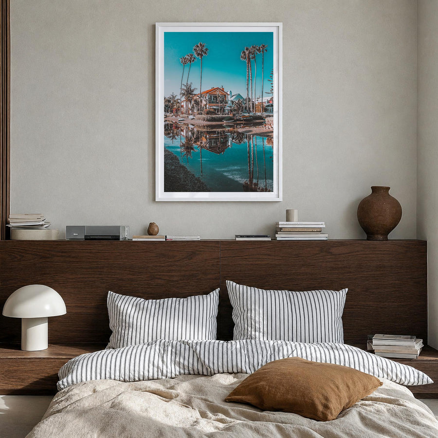 Venice Beach no. 4 colorful photo poster of Los Angeles, California – vertical wall art in white wood frame with white border