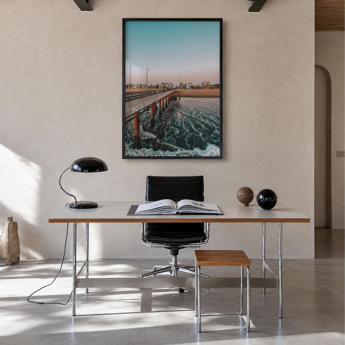 Venice Beach no. 5 colorful photo poster of Los Angeles, California – vertical wall art in black wood frame, hanging on wall