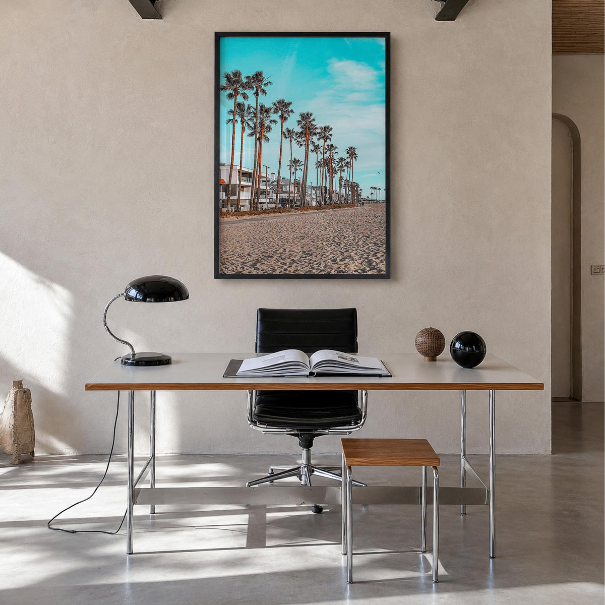 Venice Beach no. 6 colorful photo poster of Los Angeles, California – vertical wall art in black wood frame, hanging on wall
