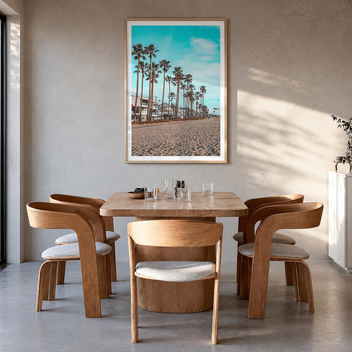 Venice Beach no. 6 colorful photo poster of Los Angeles, California – vertical wall art in natural wood frame with white bord