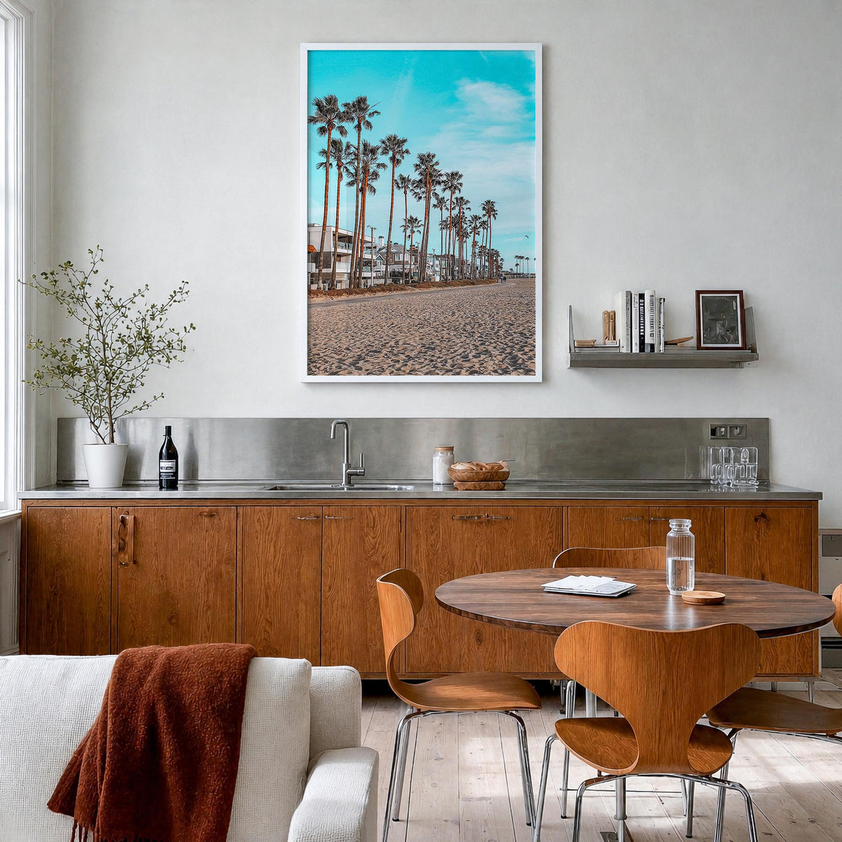 Venice Beach no. 6 colorful photo poster of Los Angeles, California – vertical wall art in white wood frame, hanging on wall