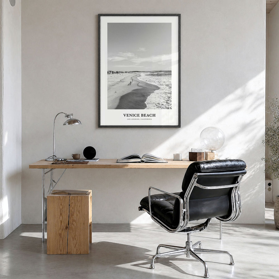 Venice Beach Classic No 1 Poster in a black wood frame, hanging in a bright home office