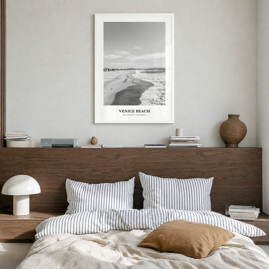 Venice Beach Classic No 1 Poster in a white wood frame, hanging in a bedroom