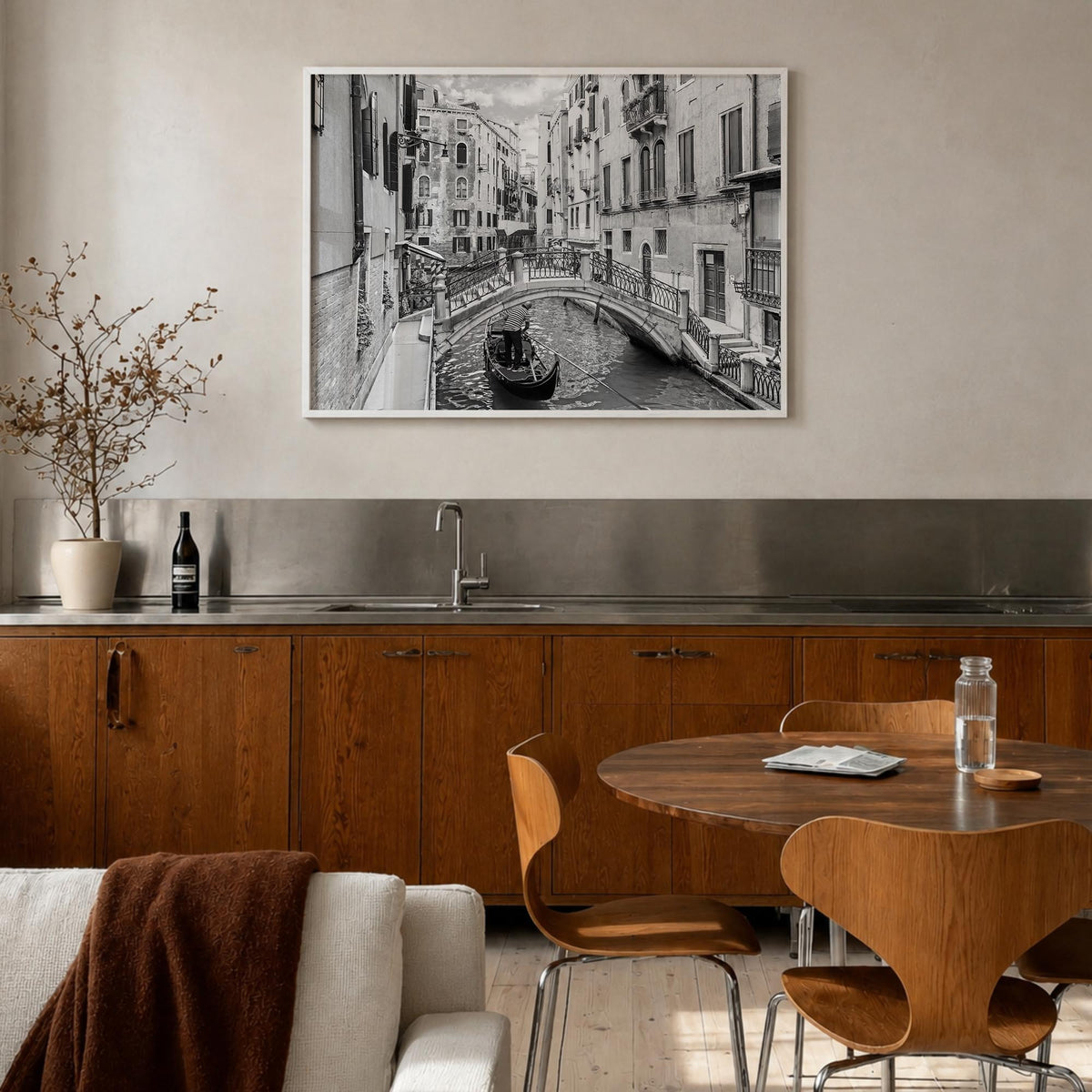 Venice black & white photo poster of Italy – horizontal wall art in white wood frame, hanging on wall