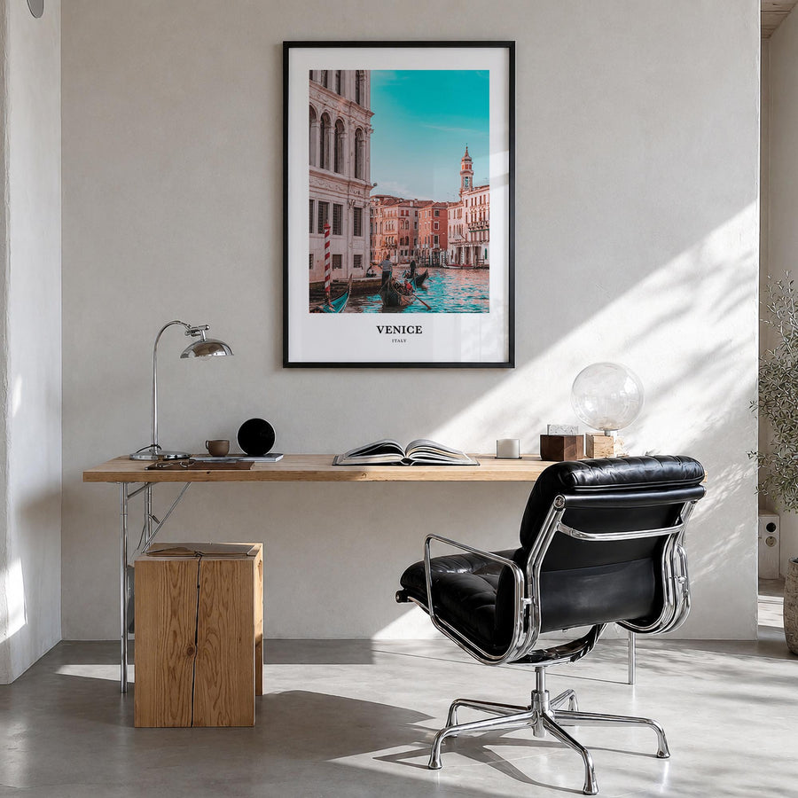 Venice colorful classic poster of Italy – vertical wall art in black wood frame, hanging on wall