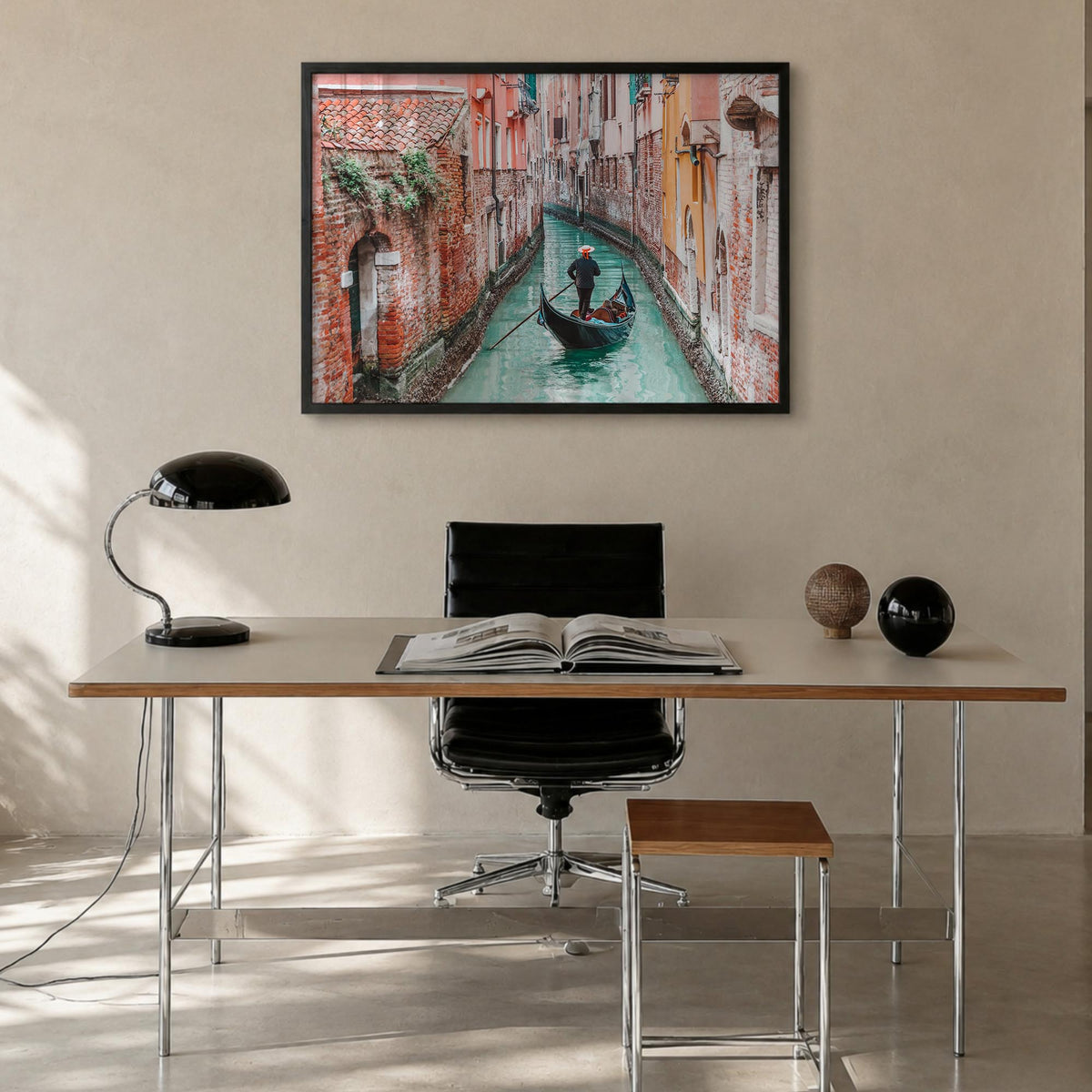 Venice colorful photo poster of Italy – horizontal wall art in black wood frame, hanging on wall