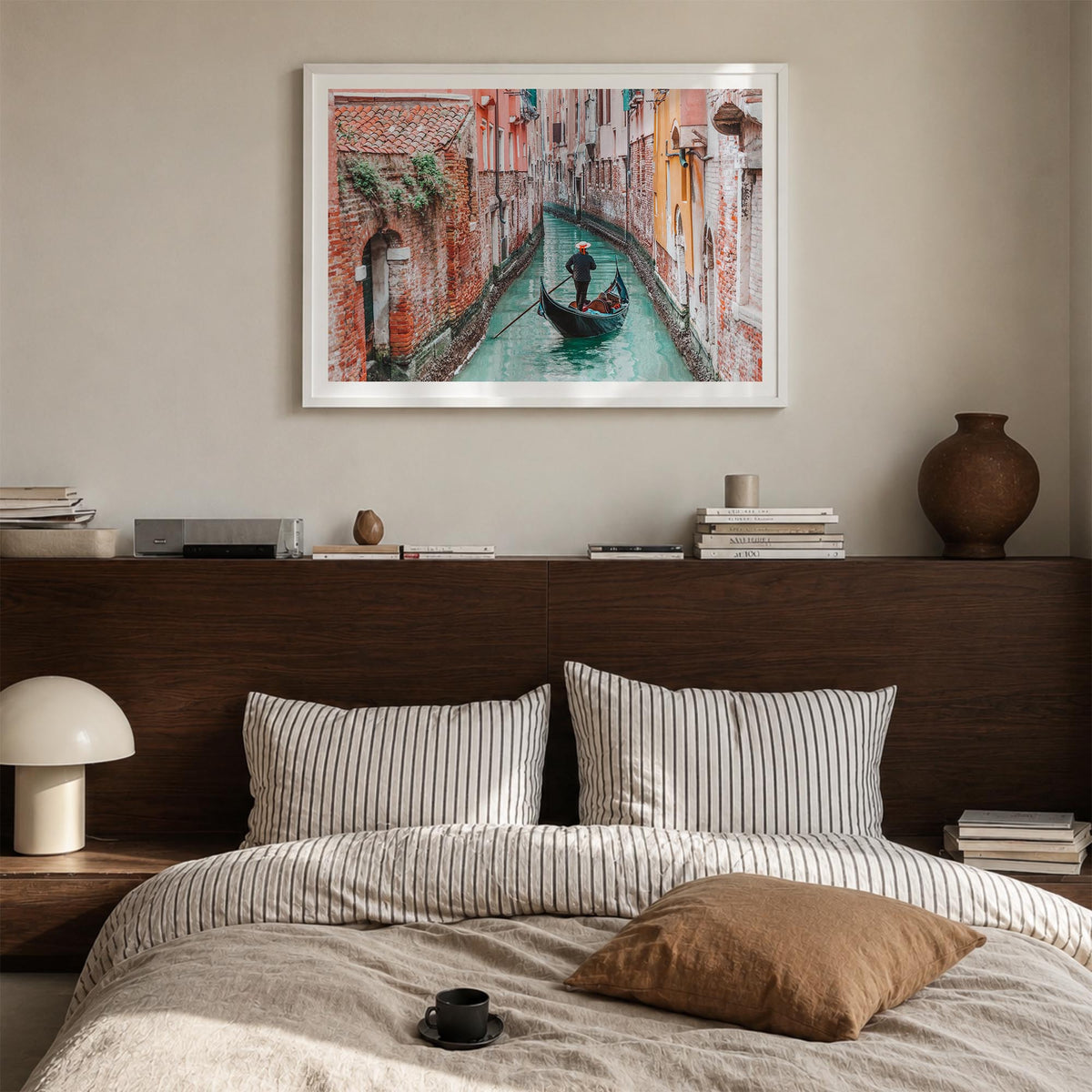 Venice colorful photo poster of Italy – horizontal wall art in white wood frame with white border, hanging on wall