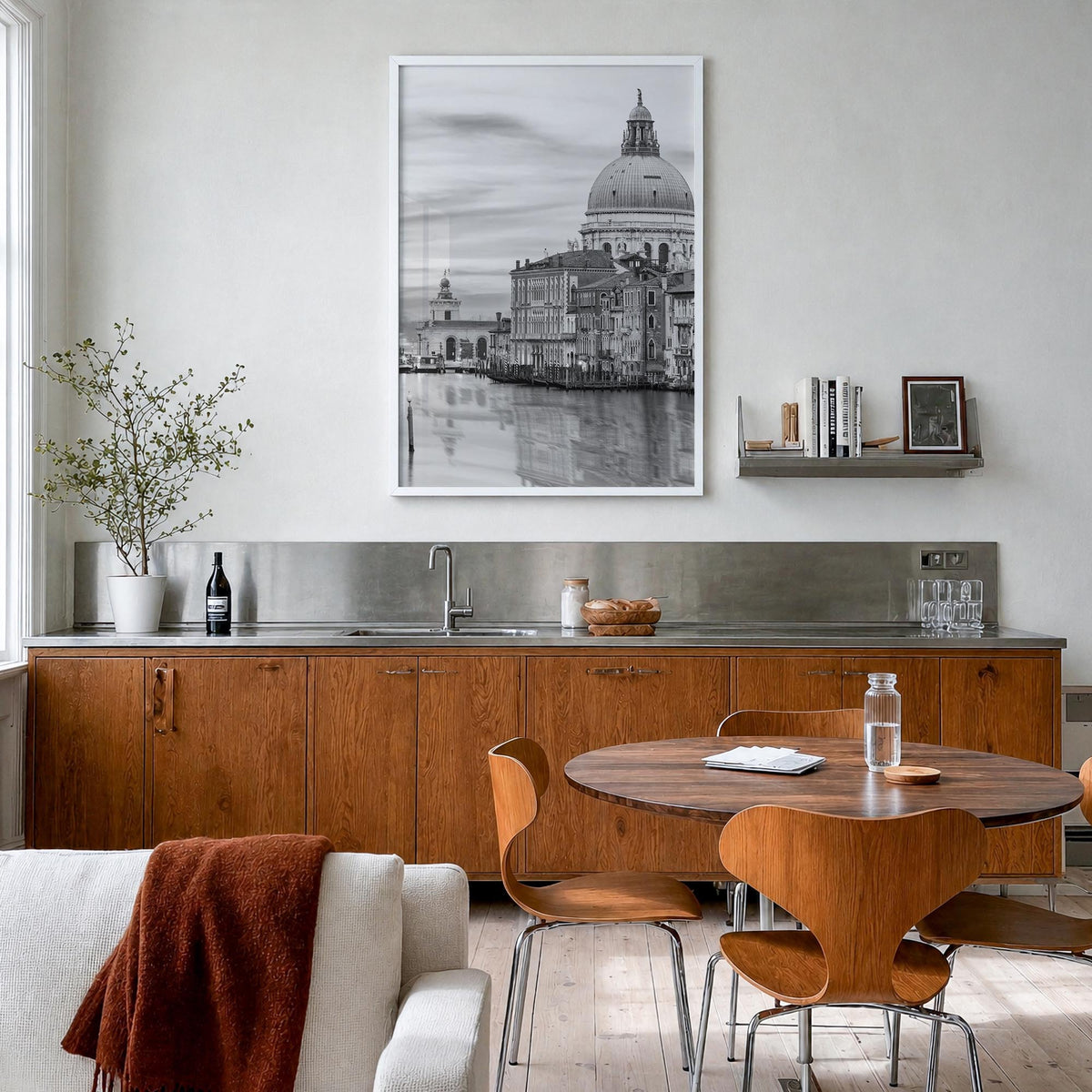 Venice no. 1 black & white photo poster of Italy – vertical wall art in white wood frame, hanging on wall