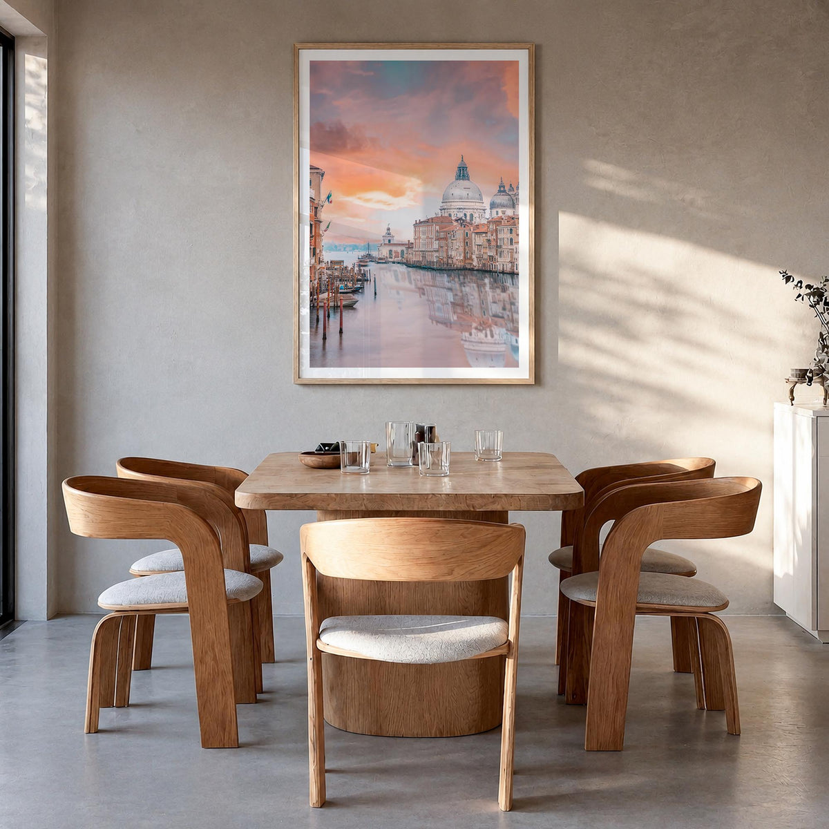 Venice no. 1 colorful photo poster of Italy – vertical wall art in natural wood frame with white border, hanging on wall