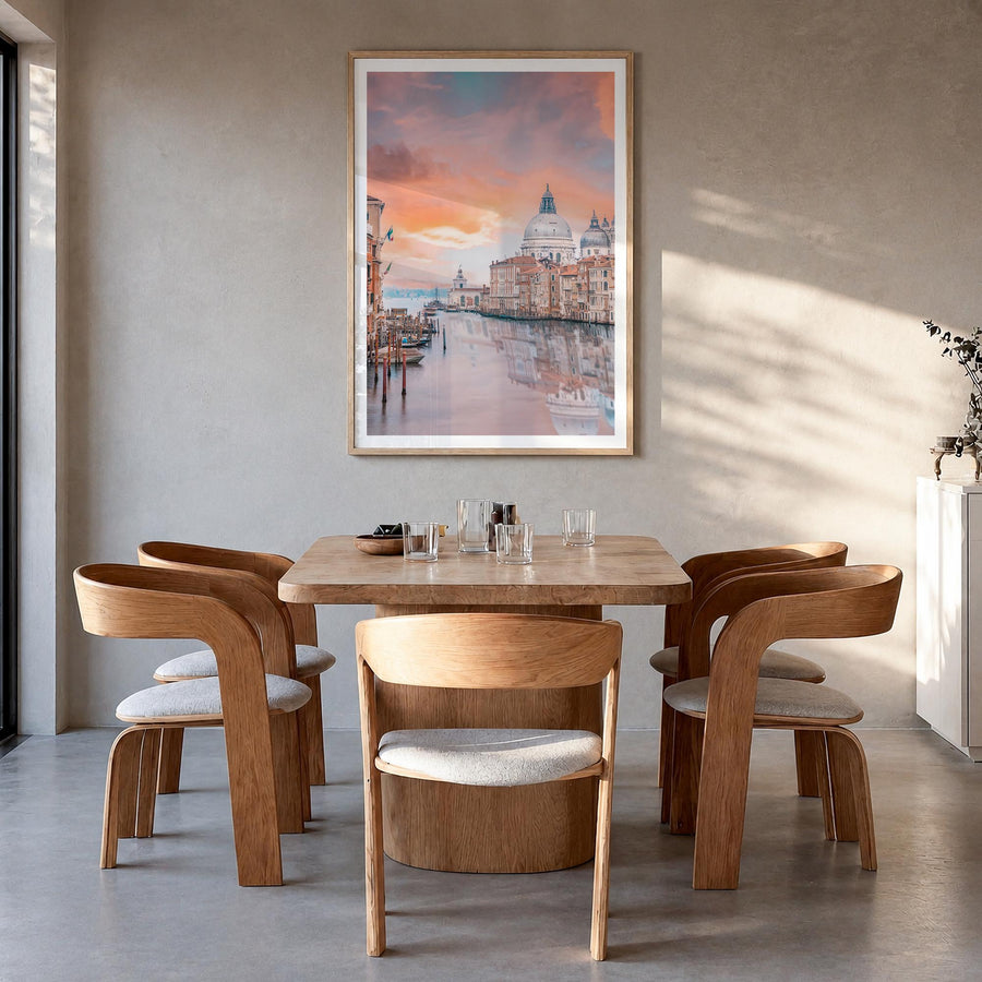 Venice no. 1 colorful photo poster of Italy – vertical wall art in natural wood frame with white border, hanging on wall