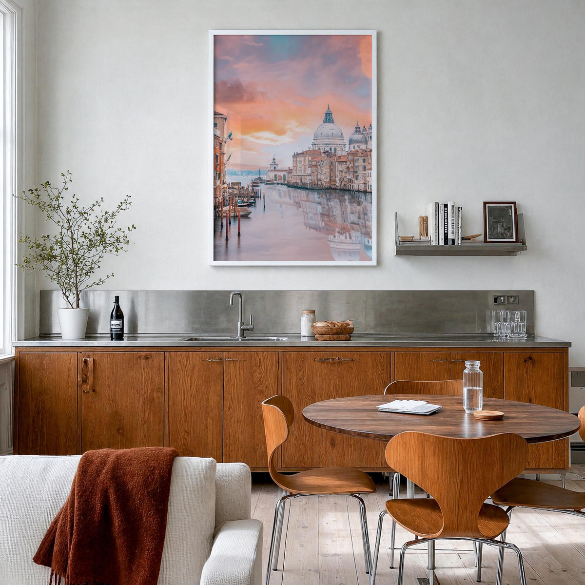 Venice no. 1 colorful photo poster of Italy – vertical wall art in white wood frame, hanging on wall