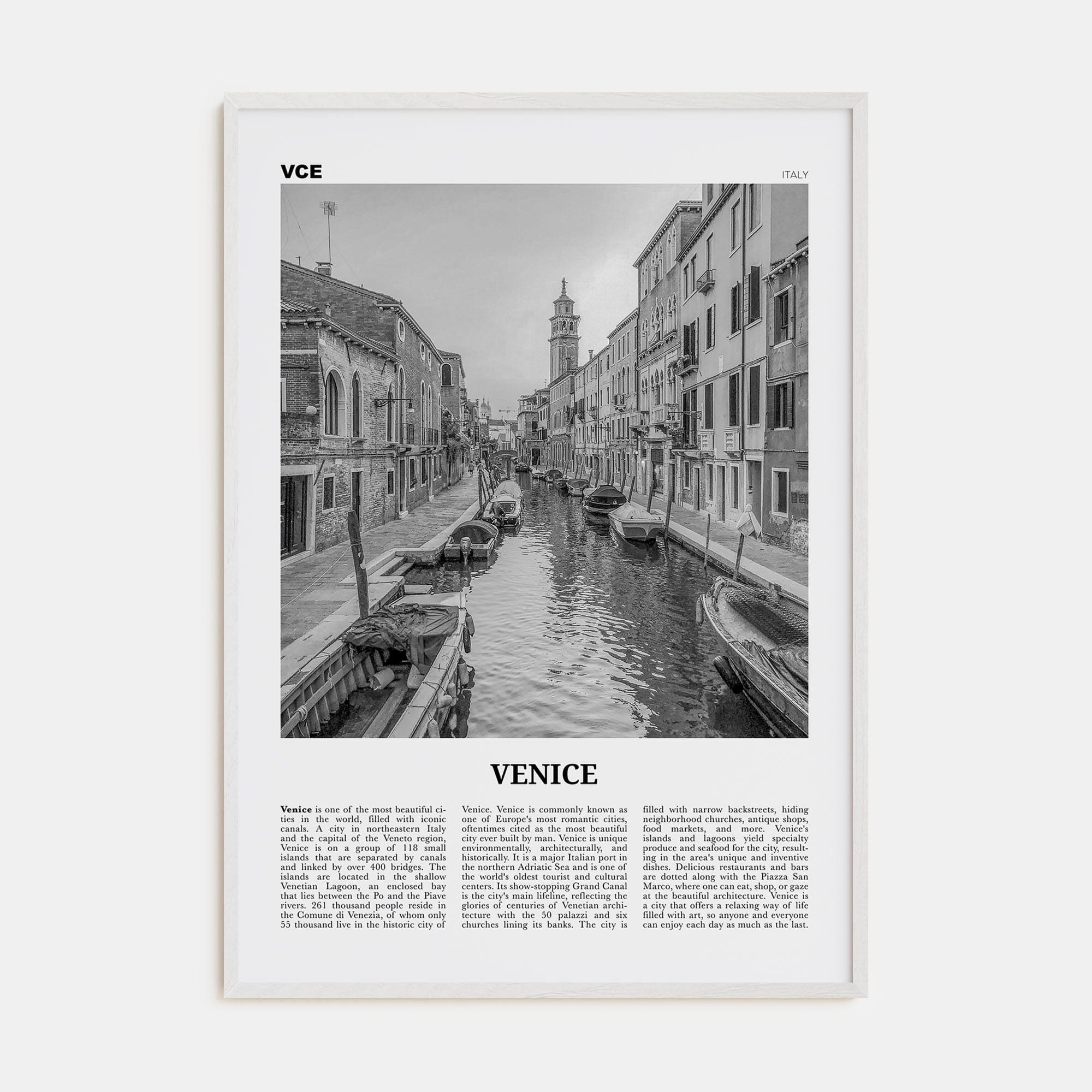 Venice No 1 Poster White Wood / 8x12 in Nbourhood Travel B&W Poster