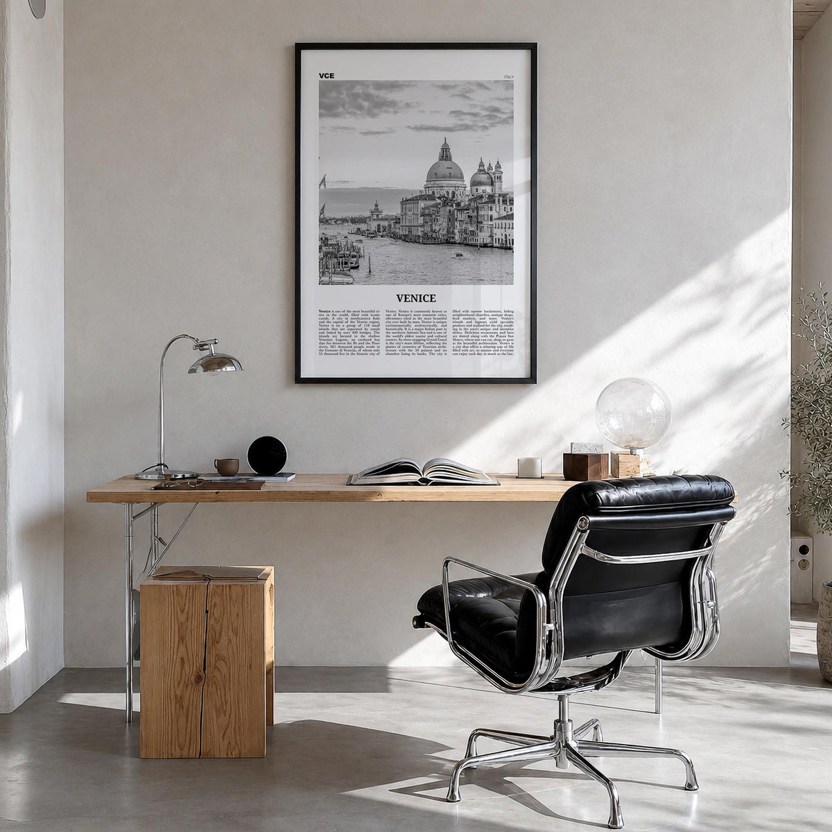 Venice no. 2 black & white newspaper poster of Italy – vertical wall art in black wood frame, hanging on wall