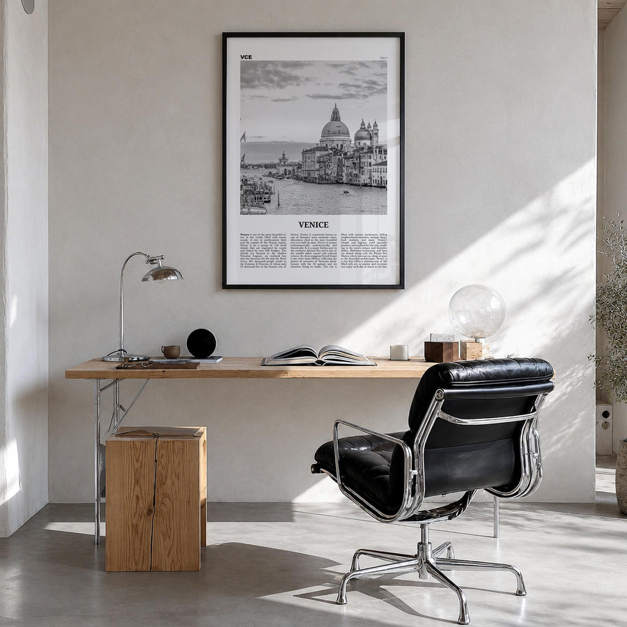 Venice no. 2 black & white newspaper poster of Italy – vertical wall art in black wood frame, hanging on wall