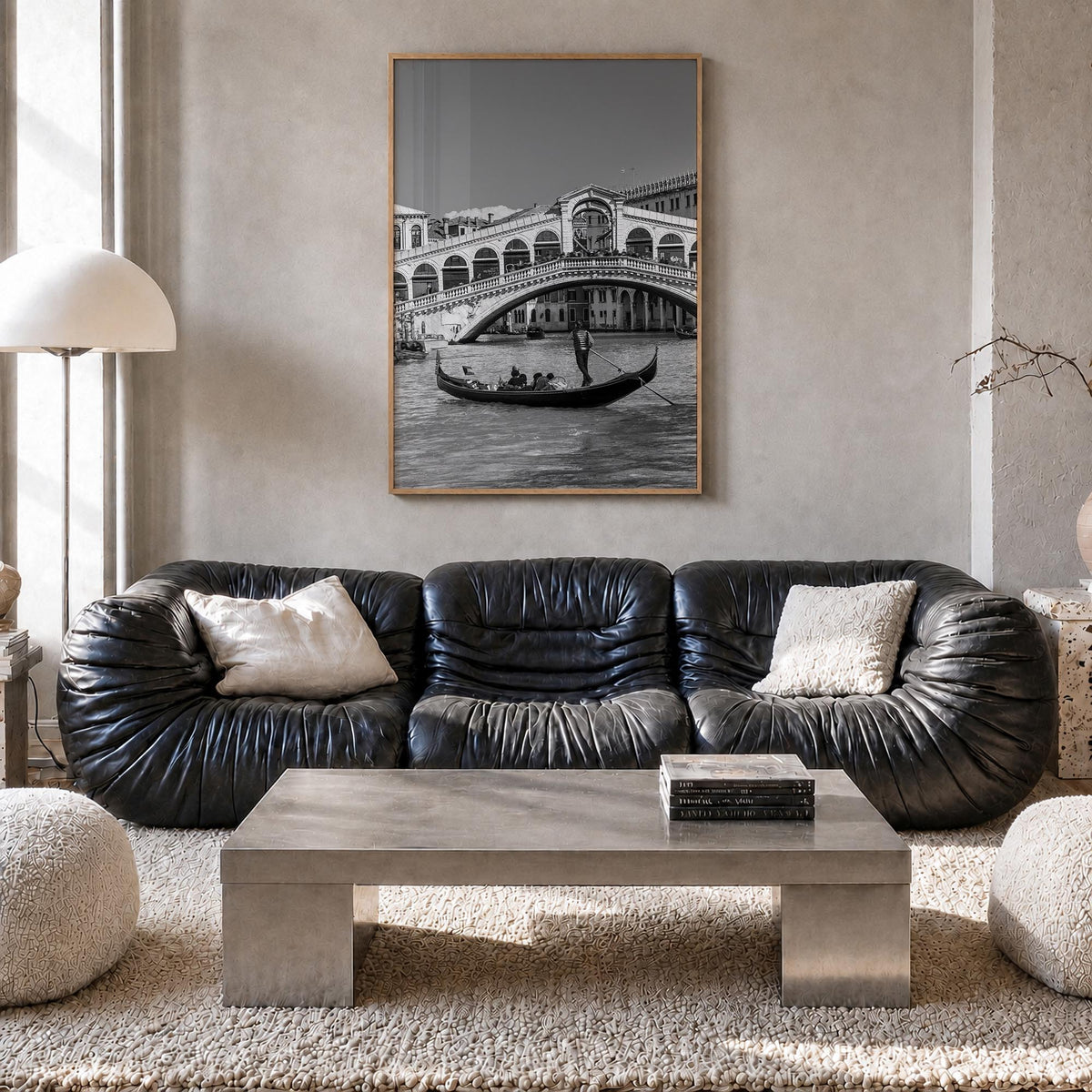 Venice no. 2 black & white photo poster of Italy – vertical wall art in natural wood frame, hanging on wall