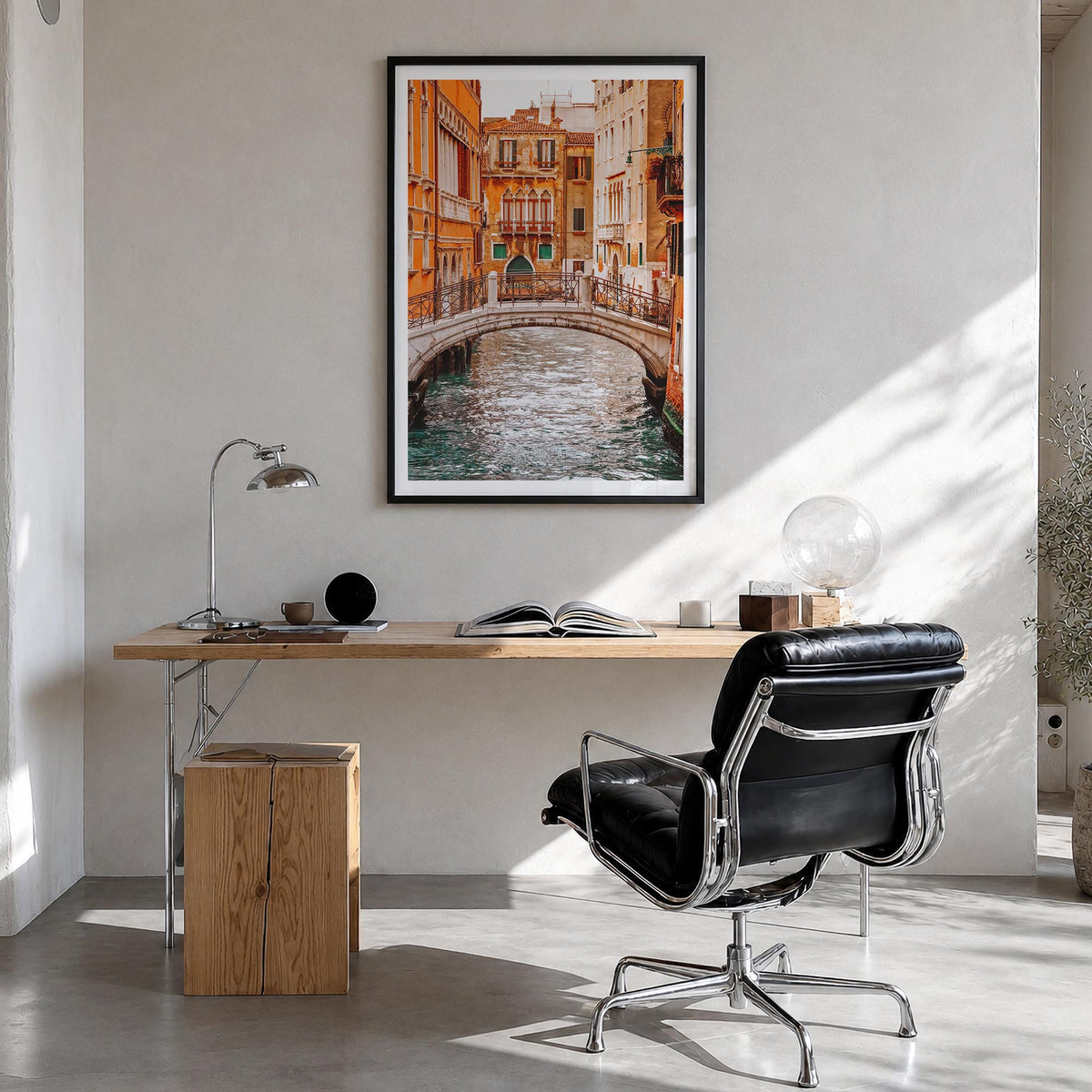 Venice no. 2 colorful photo poster of Italy – vertical wall art in black wood frame with white border, hanging on wall