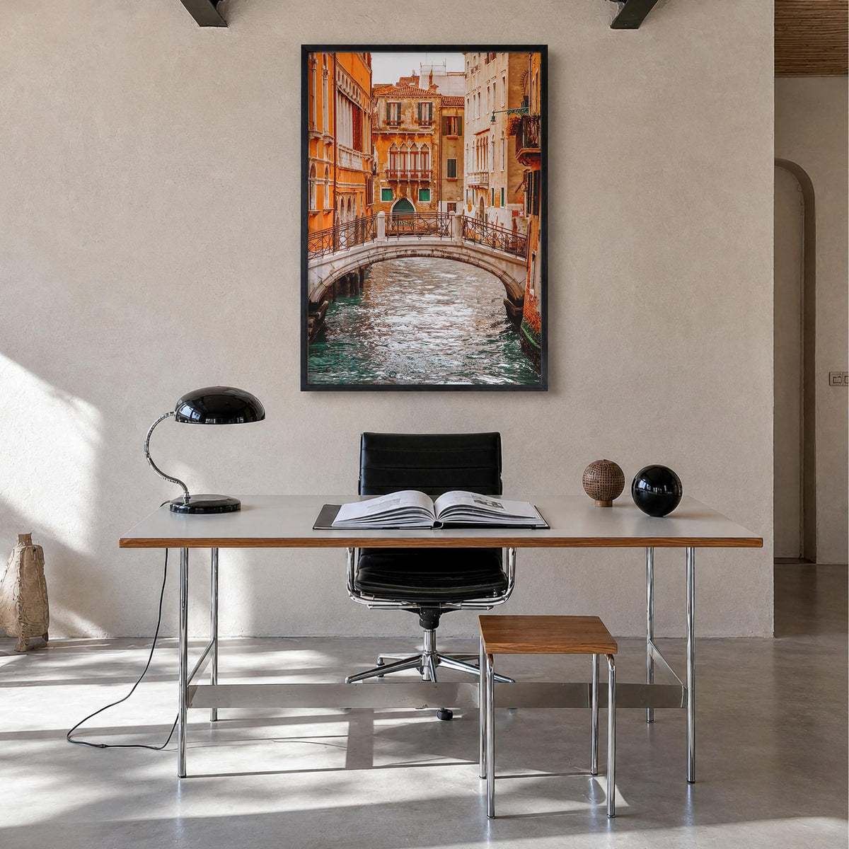 Venice no. 2 colorful photo poster of Italy – vertical wall art in black wood frame, hanging on wall