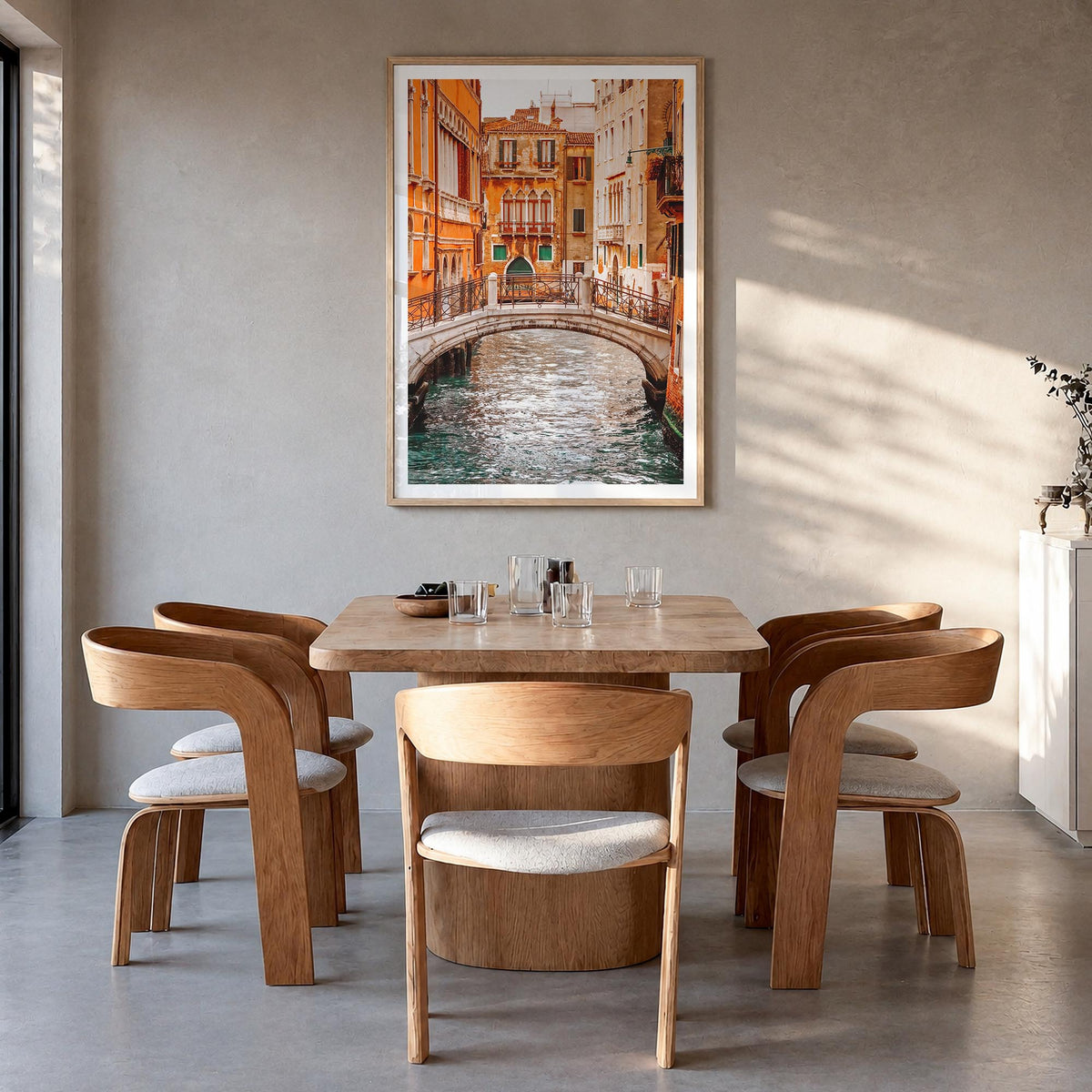 Venice no. 2 colorful photo poster of Italy – vertical wall art in natural wood frame with white border, hanging on wall