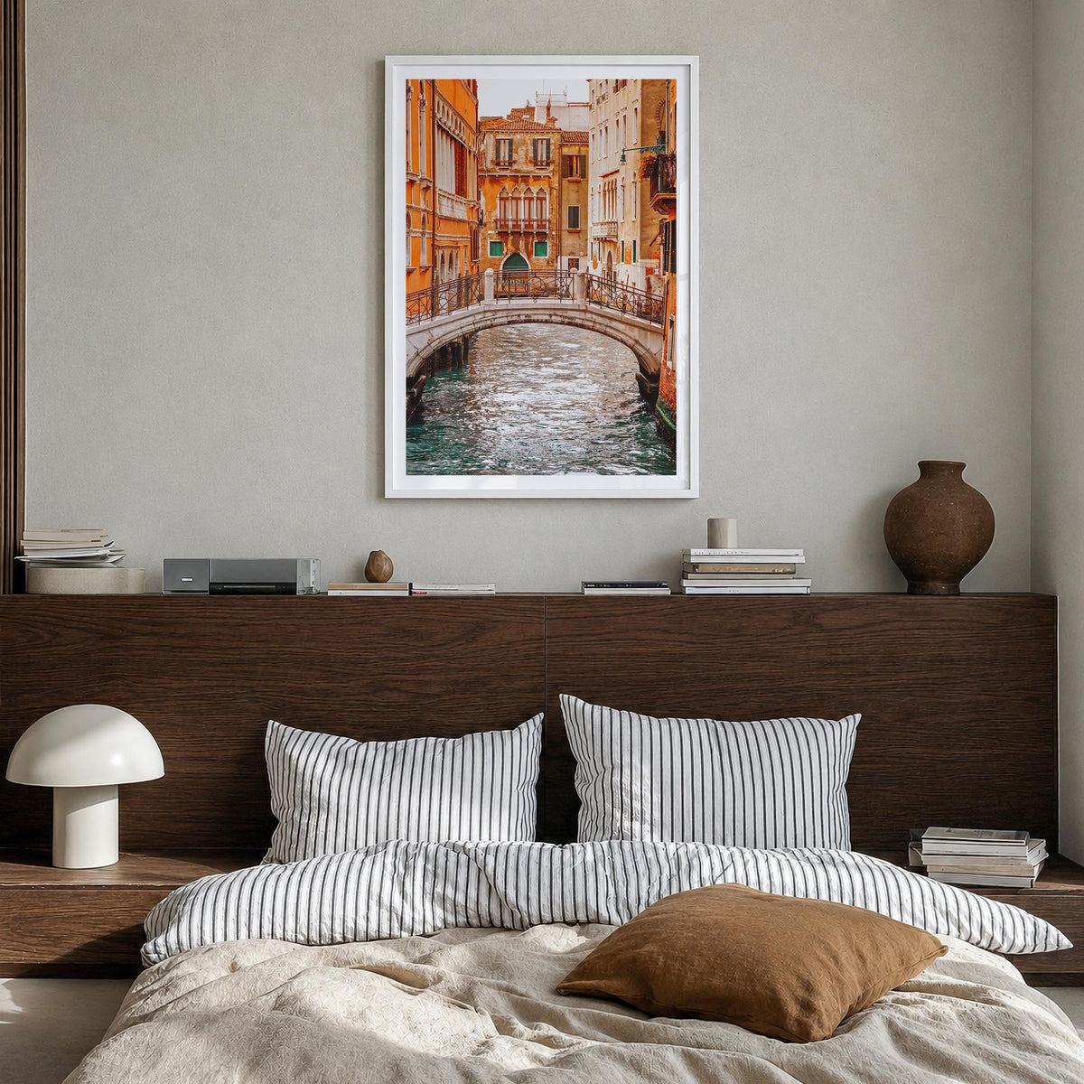 Venice no. 2 colorful photo poster of Italy – vertical wall art in white wood frame with white border, hanging on wall