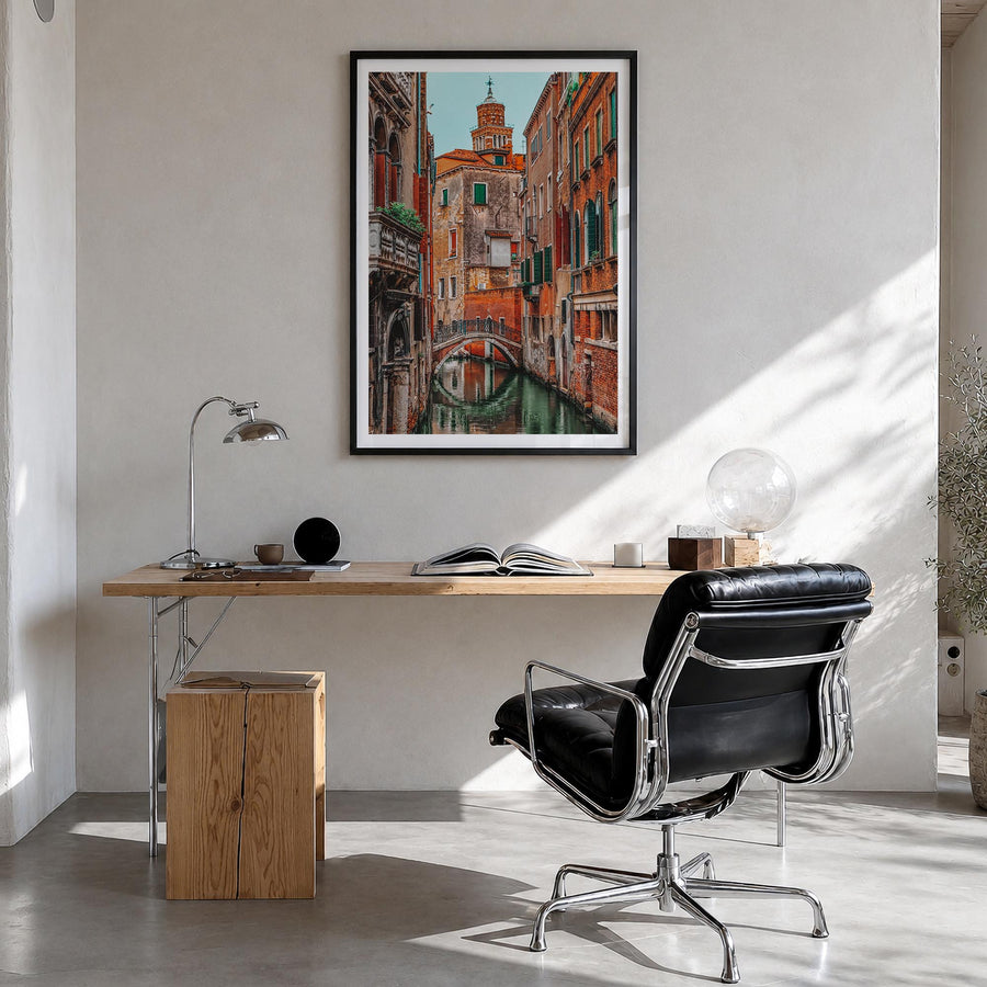 Venice no. 3 colorful photo poster of Italy – vertical wall art in black wood frame with white border, hanging on wall