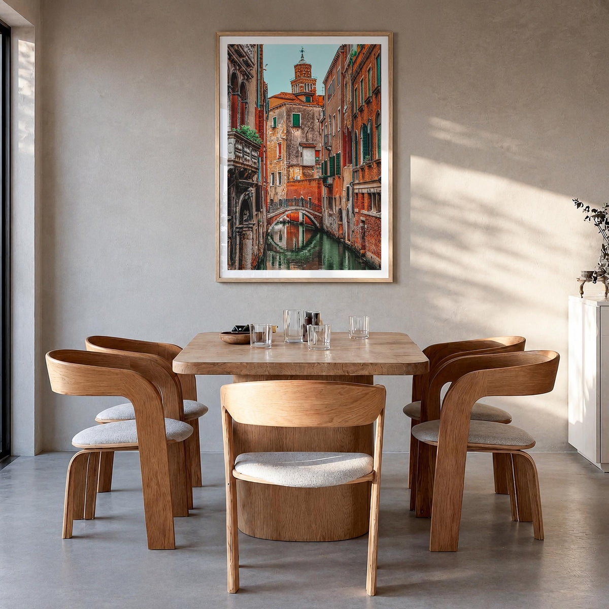 Venice no. 3 colorful photo poster of Italy – vertical wall art in natural wood frame with white border, hanging on wall