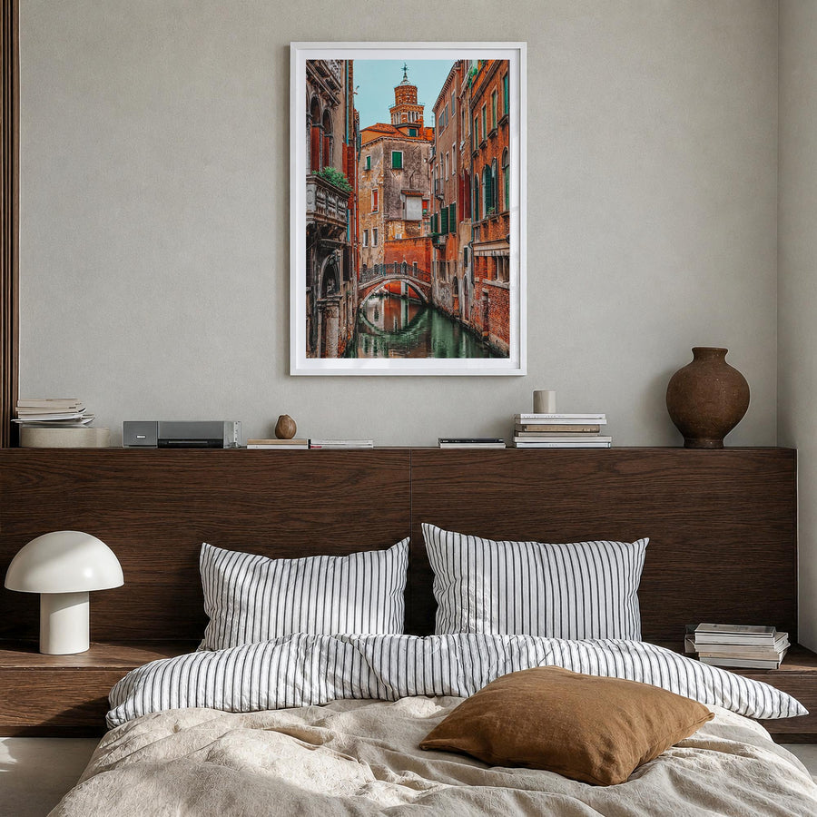 Venice no. 3 colorful photo poster of Italy – vertical wall art in white wood frame with white border, hanging on wall