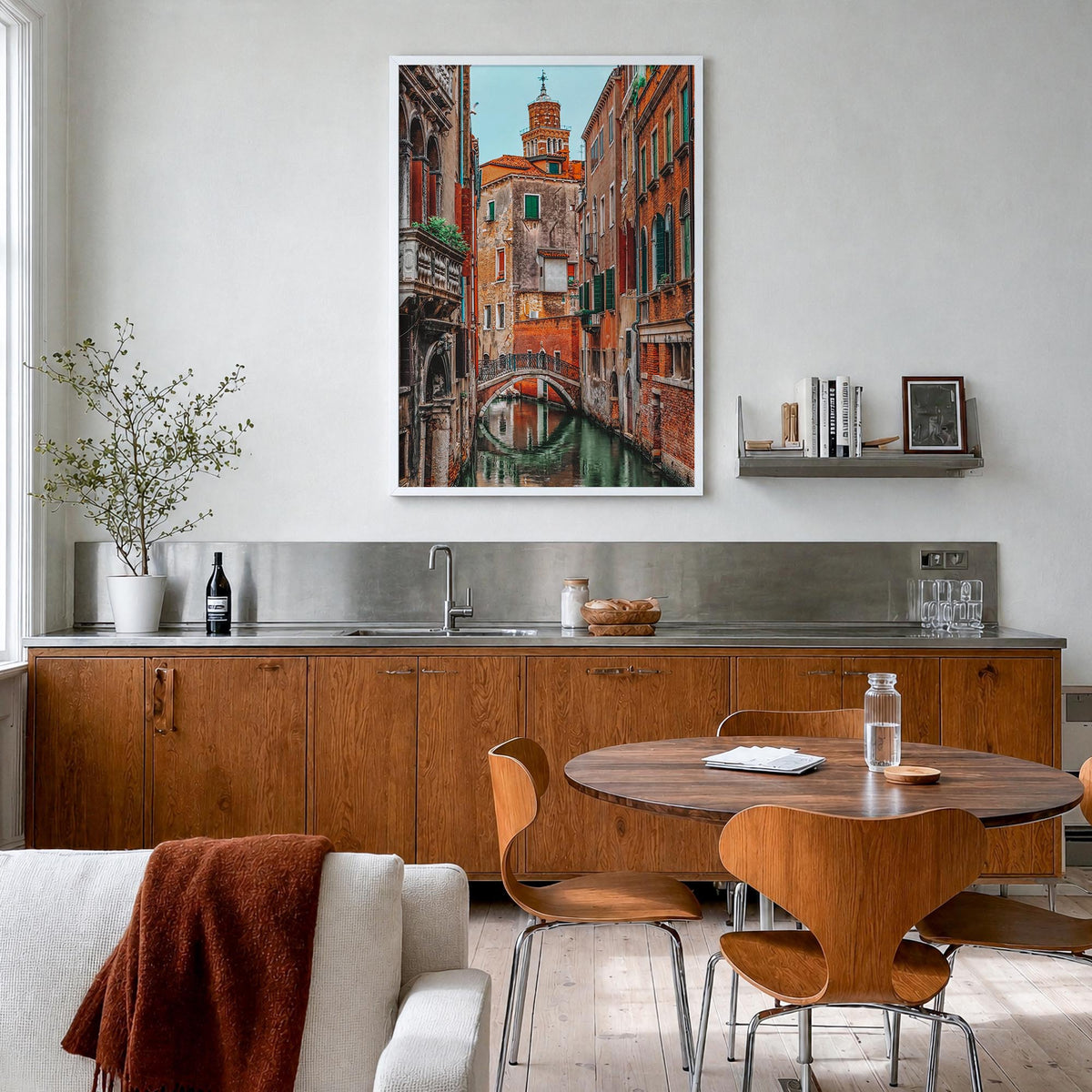 Venice no. 3 colorful photo poster of Italy – vertical wall art in white wood frame, hanging on wall