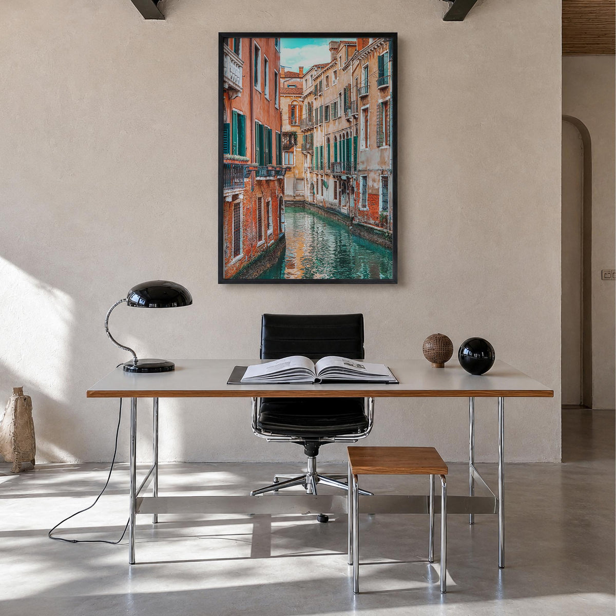 Venice no. 4 colorful photo poster of Italy – vertical wall art in black wood frame, hanging on wall