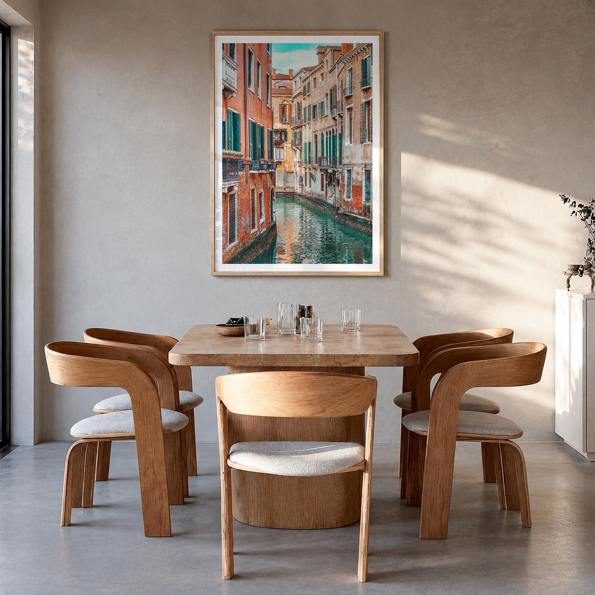Venice no. 4 colorful photo poster of Italy – vertical wall art in natural wood frame with white border, hanging on wall