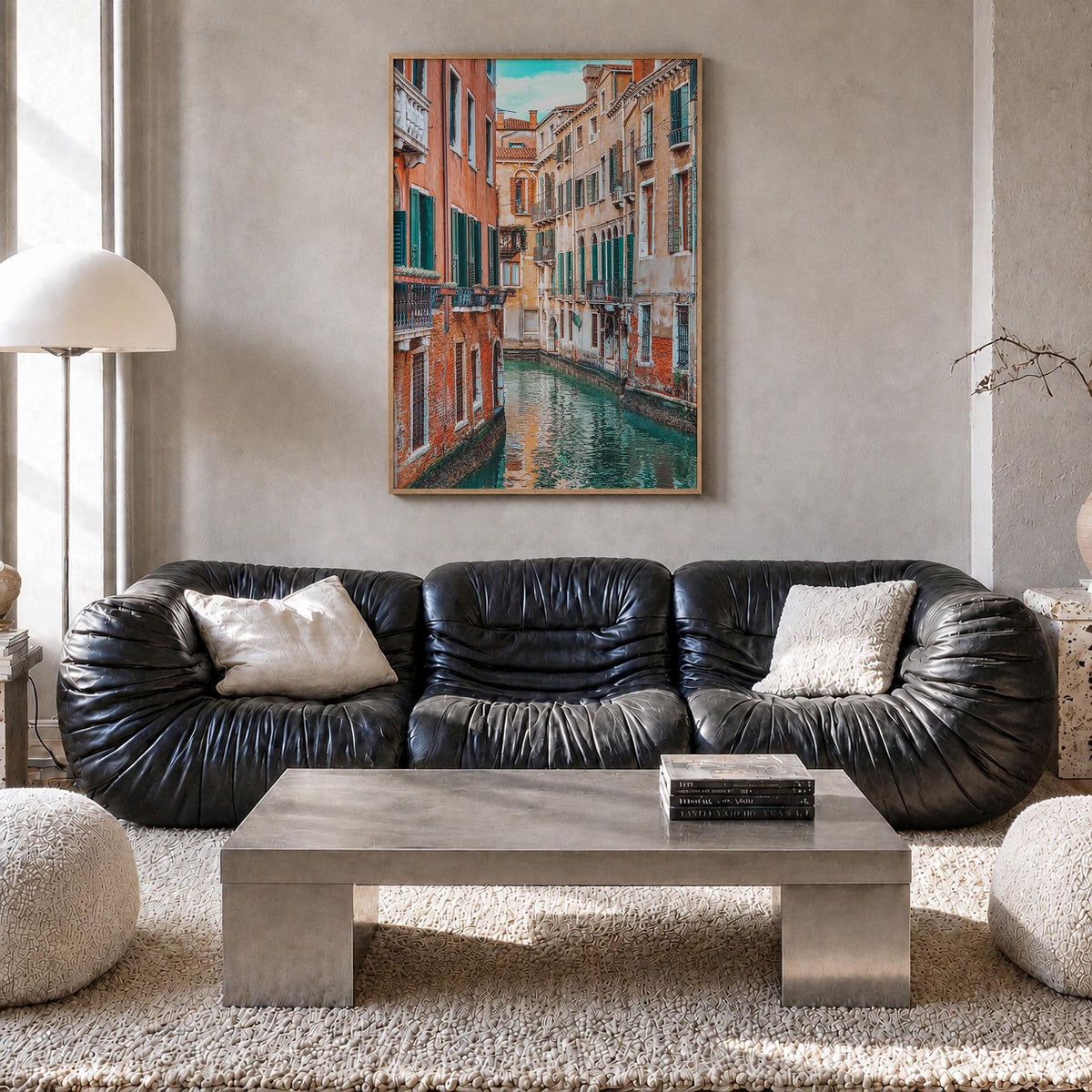 Venice no. 4 colorful photo poster of Italy – vertical wall art in natural wood frame, hanging on wall