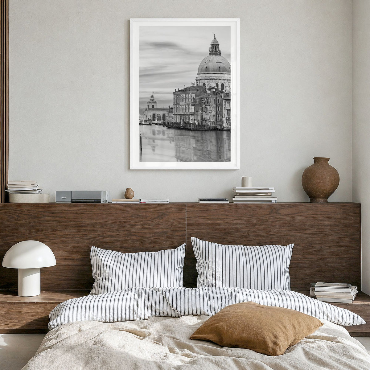 Venice Photo No 1 Poster in a white wood frame, hanging in a bedroom, white border
