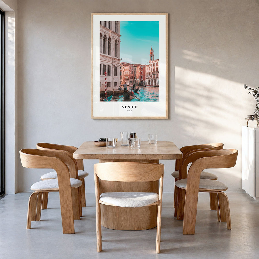 Venice Classic Poster in a natural wood frame, hanging in a dining room
