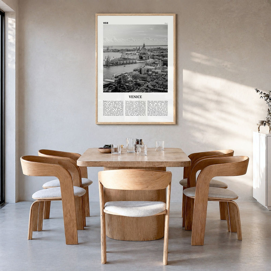 Venice Newspaper No 3 Poster in a natural wood frame, hanging in a dining room