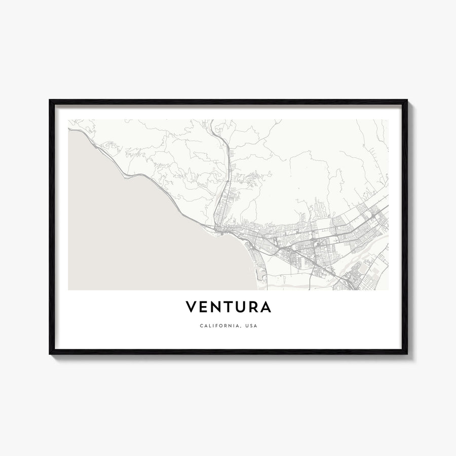 Ventura black & white map poster of California, USA – horizontal wall art, unframed print shown in interior mockup