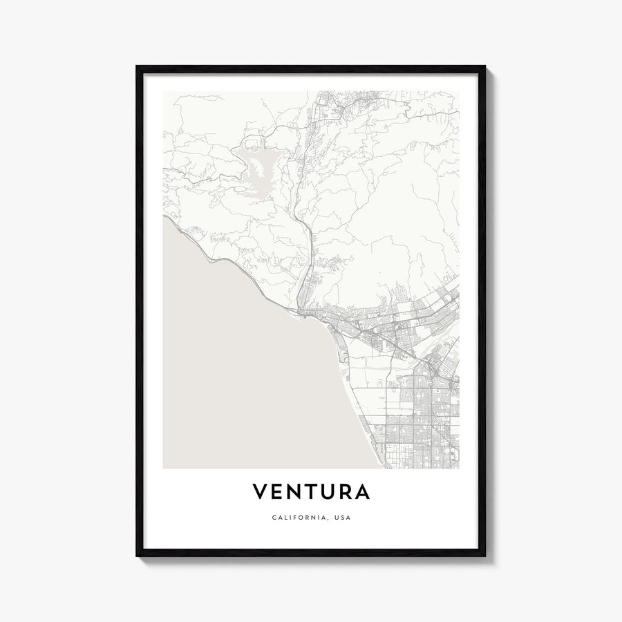 Ventura black & white map poster of California, USA – vertical wall art, unframed print shown in interior mockup