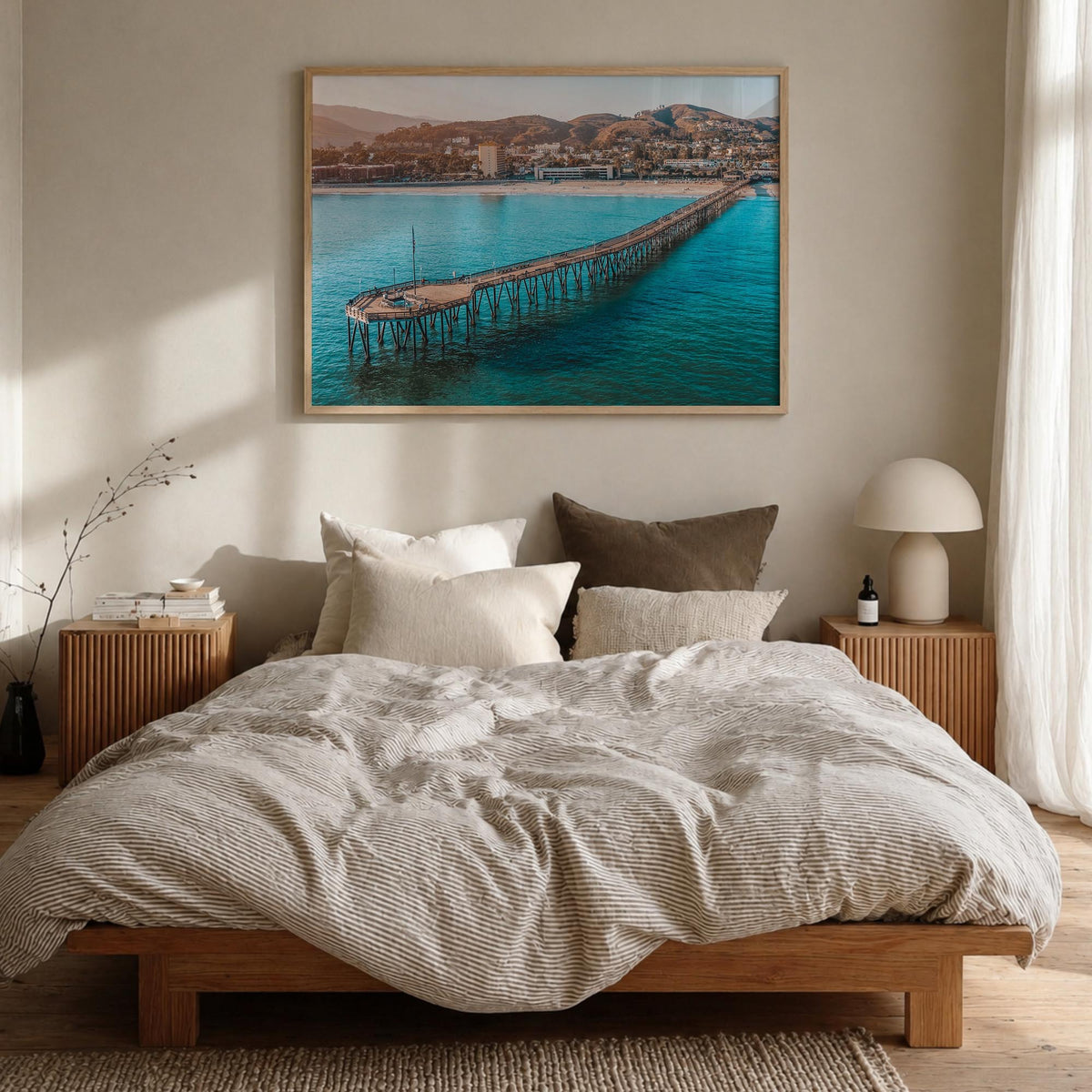 Ventura colorful photo poster of California, USA – horizontal wall art in natural wood frame, hanging on wall
