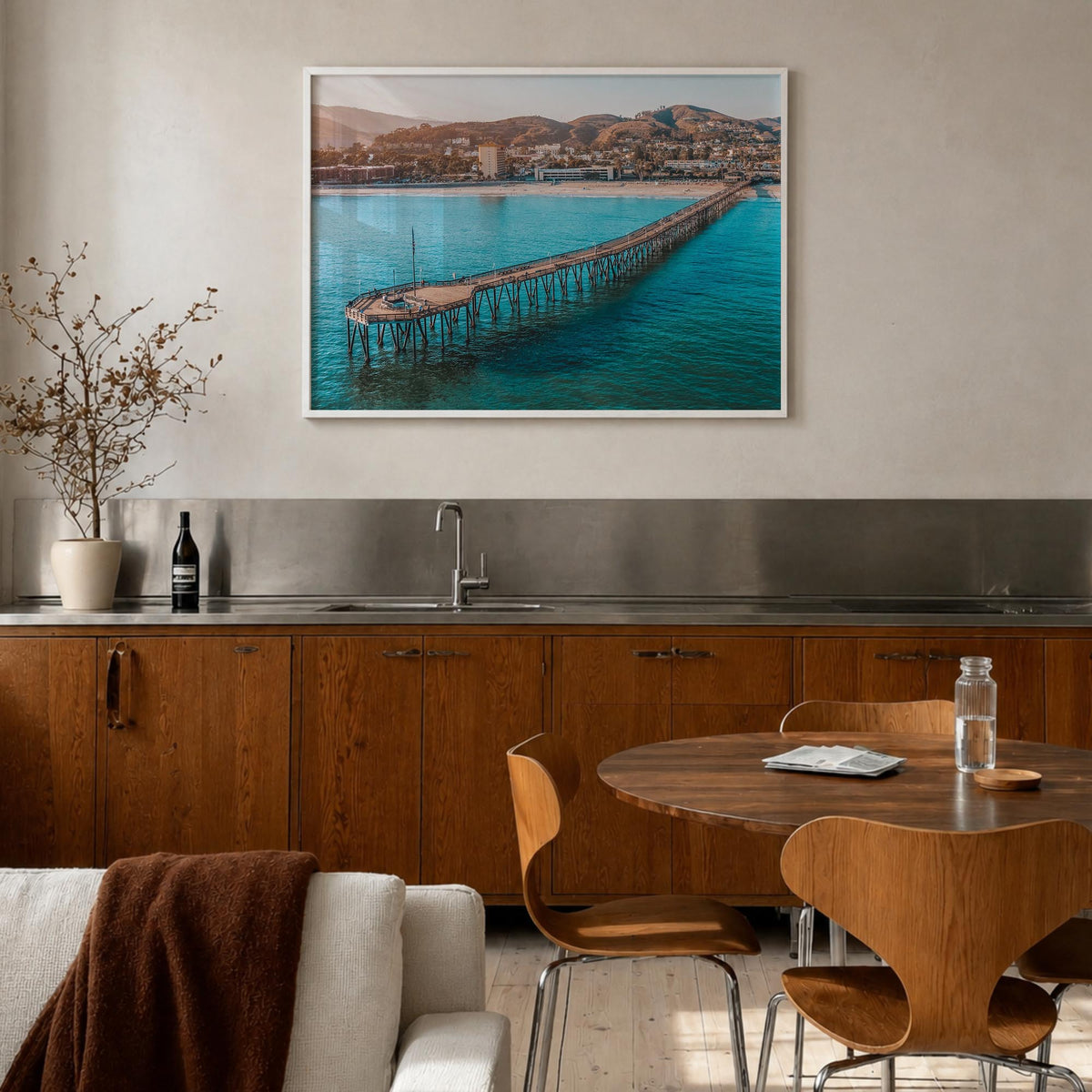 Ventura colorful photo poster of California, USA – horizontal wall art in white wood frame, hanging on wall