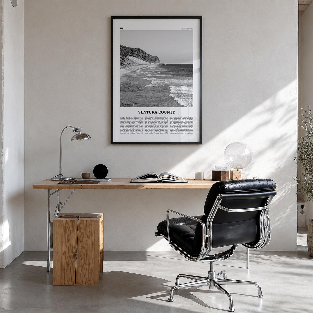 Ventura County black & white newspaper poster of California, USA – vertical wall art in black wood frame, hanging on wall