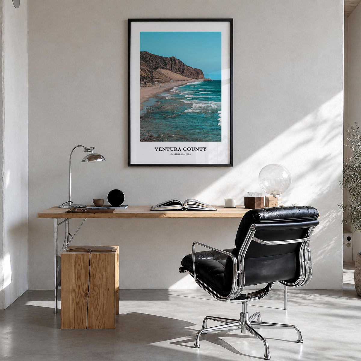 Ventura County colorful classic poster of California, USA – vertical wall art in black wood frame, hanging on wall