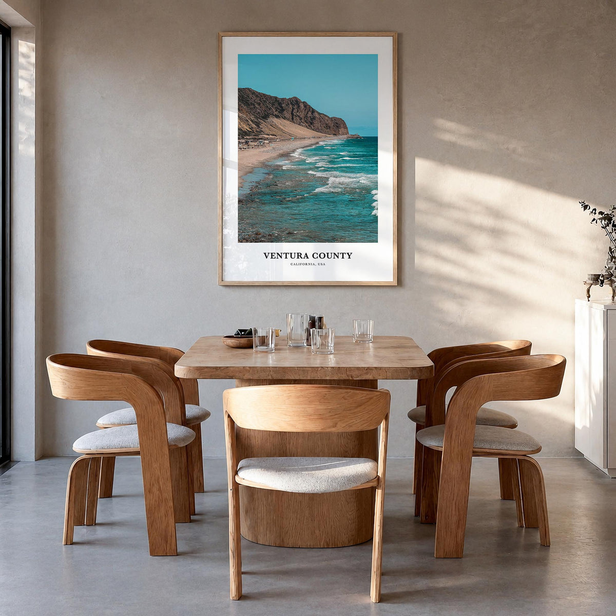 Ventura County colorful classic poster of California, USA – vertical wall art in natural wood frame, hanging on wall