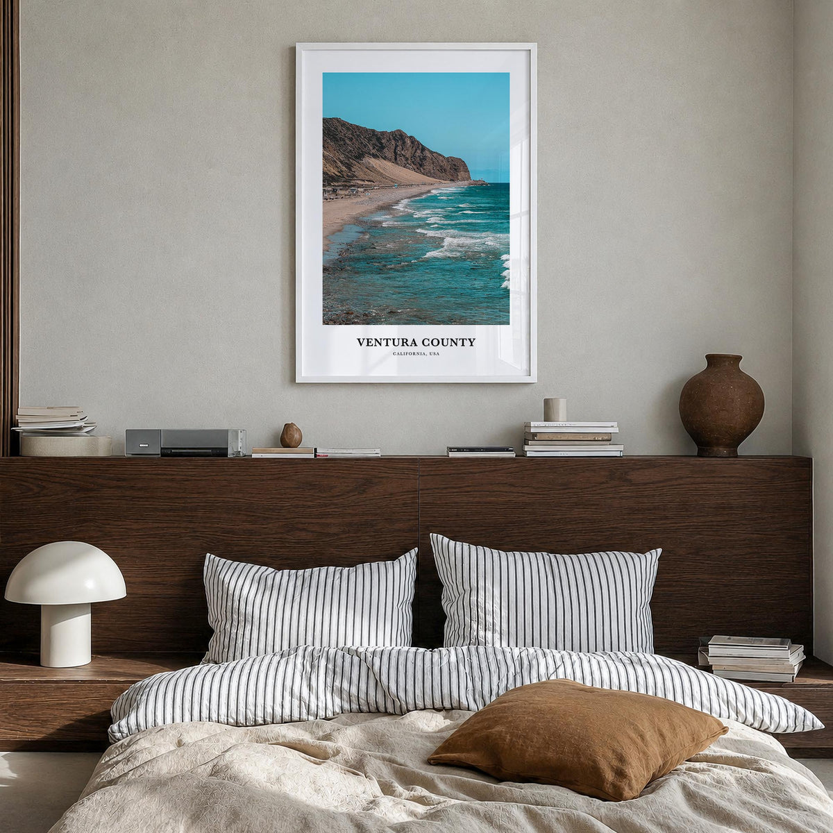 Ventura County colorful classic poster of California, USA – vertical wall art in white wood frame, hanging on wall