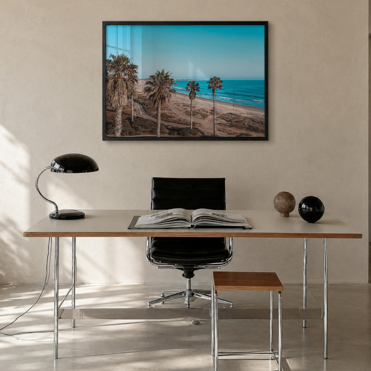 Ventura County colorful photo poster of California, USA – horizontal wall art in black wood frame, hanging on wall
