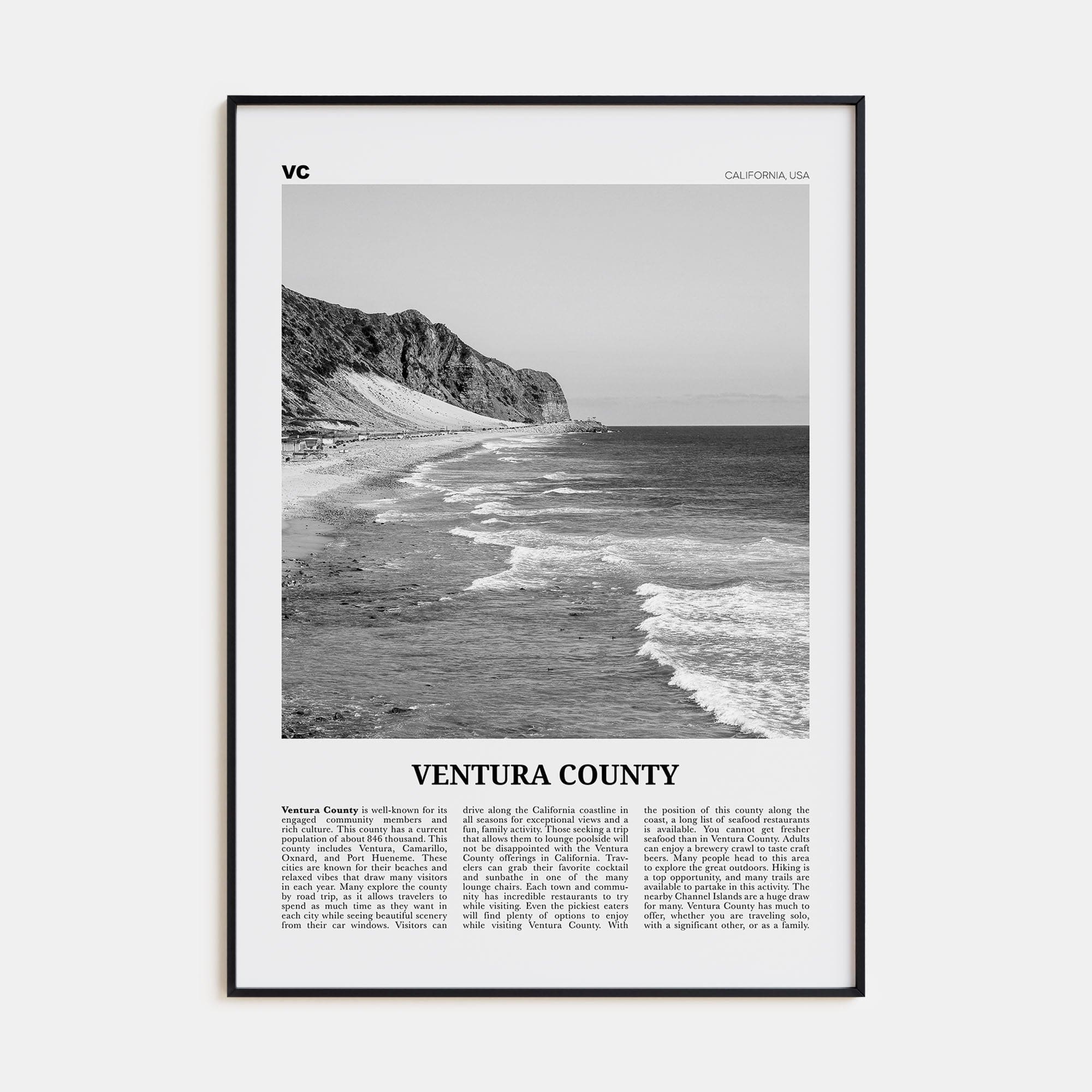 Ventura County Poster Black Metal / 8x12 in Nbourhood Travel B&W Poster