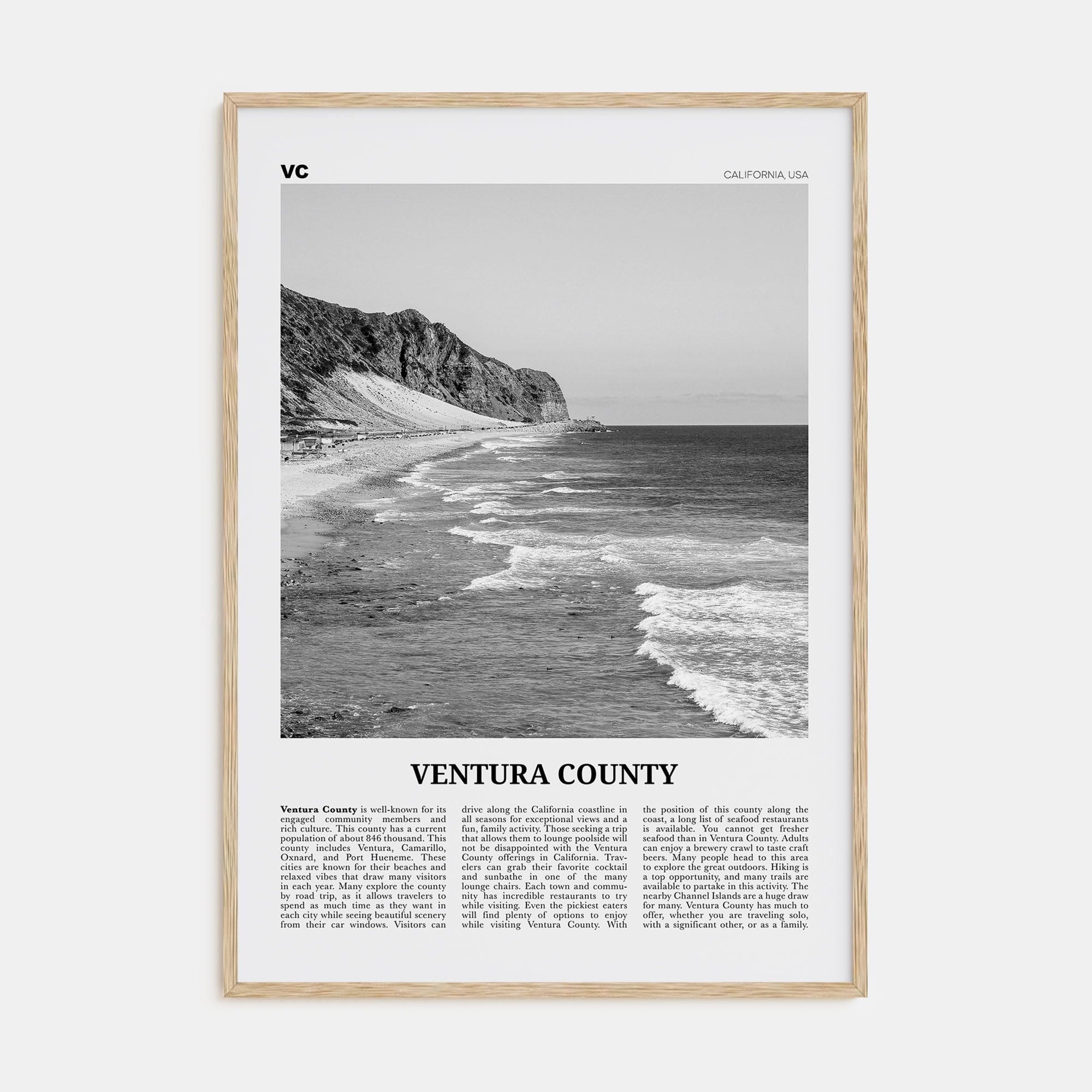 Ventura County Poster Natural Wood / 8x12 in Nbourhood Travel B&W Poster