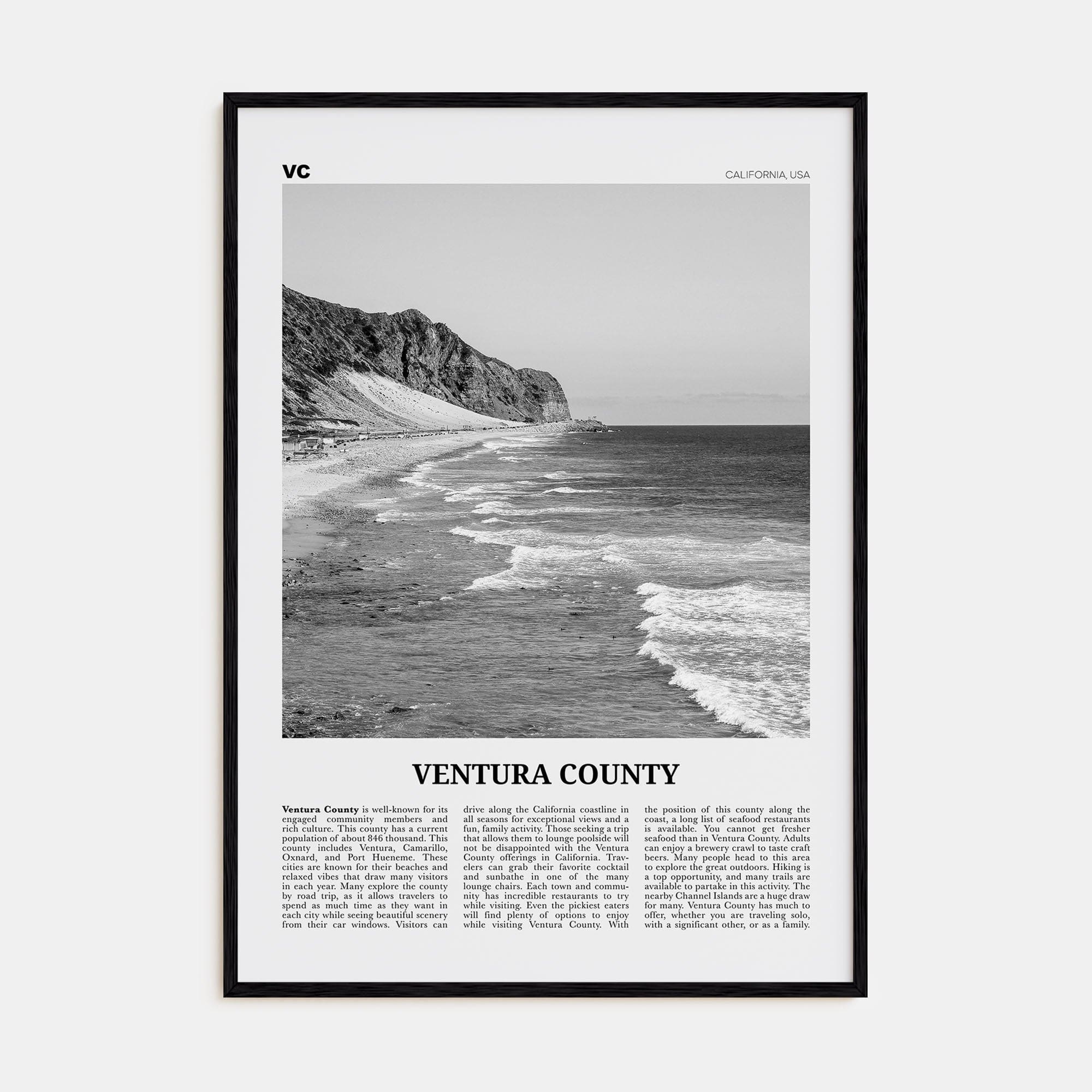 Ventura County Poster Black Wood / 8x12 in Nbourhood Travel B&W Poster