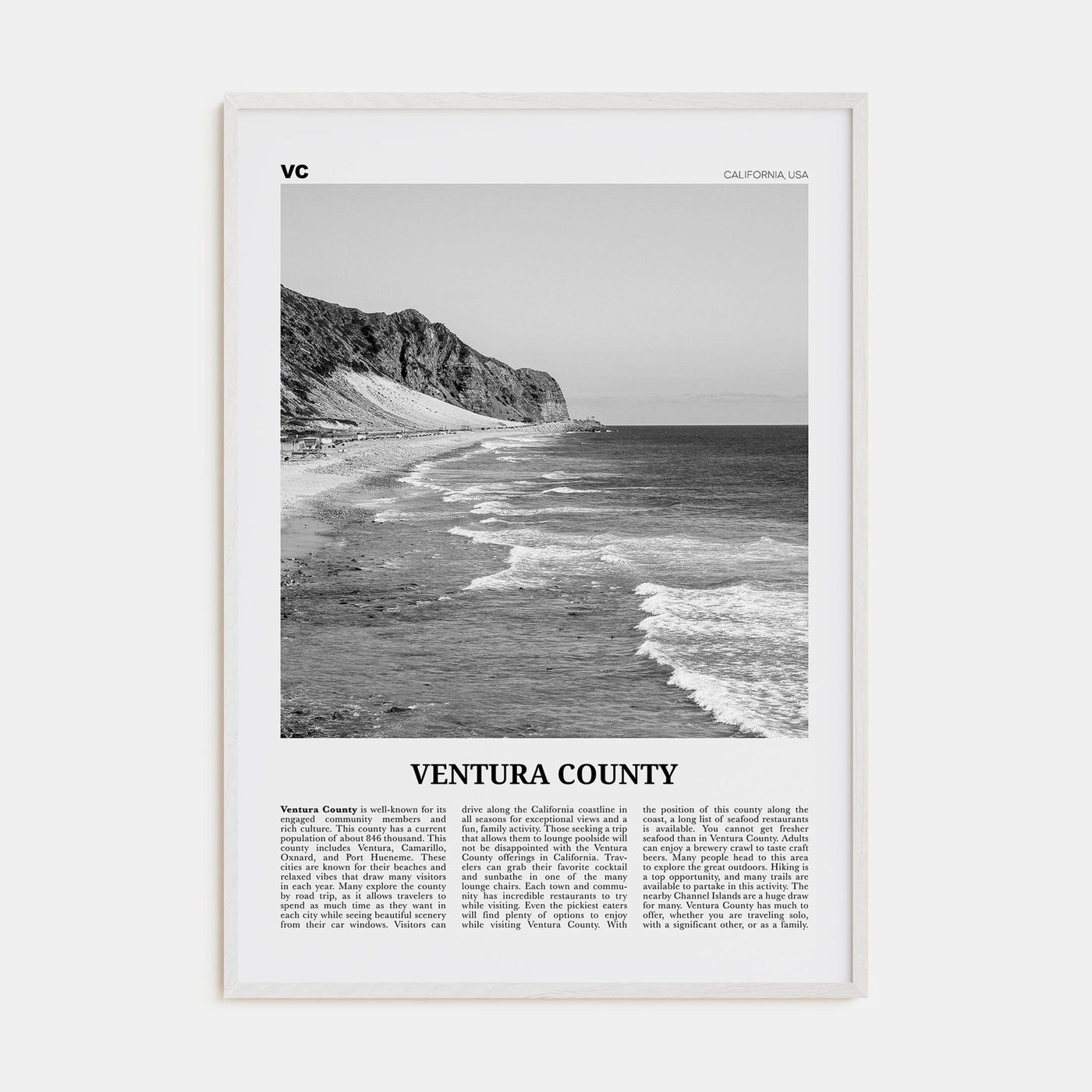 Ventura County Poster White Wood / 8x12 in Nbourhood Travel B&W Poster