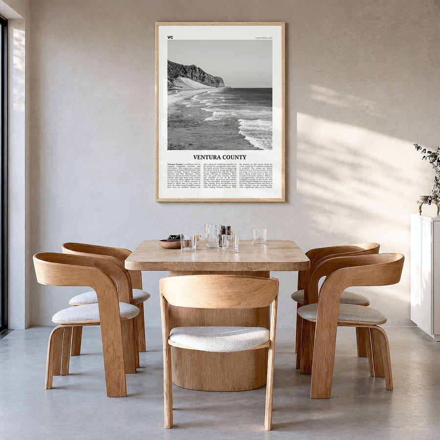 Ventura County Newspaper Poster in a natural wood frame, hanging in a dining room