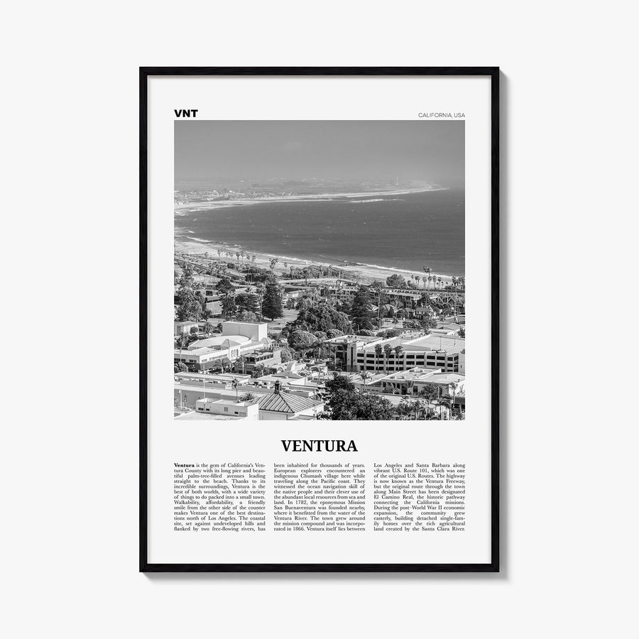 Ventura no. 1 black & white newspaper poster of California, USA – vertical wall art, unframed print shown in interior mockup
